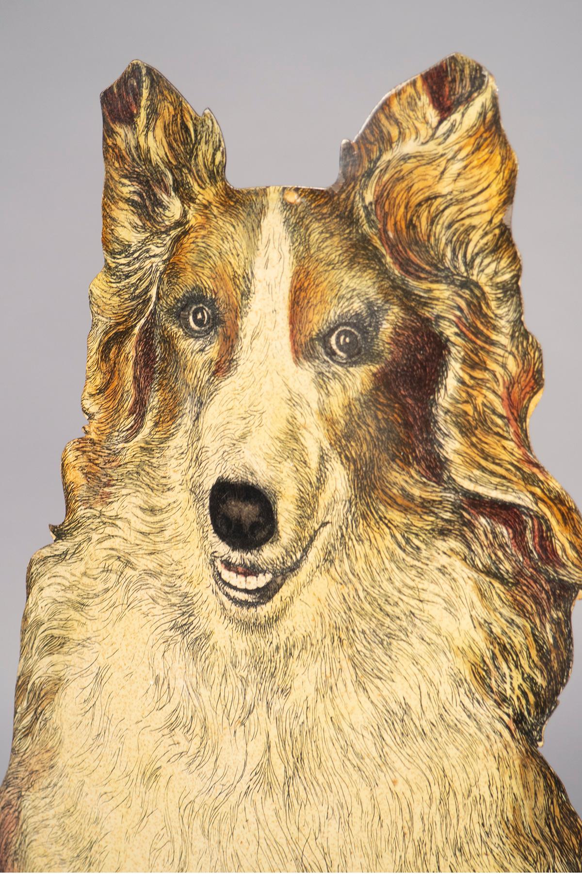 Metal umbrella stand in trompe l’oeil lithography depicting a Collie. Original condition.