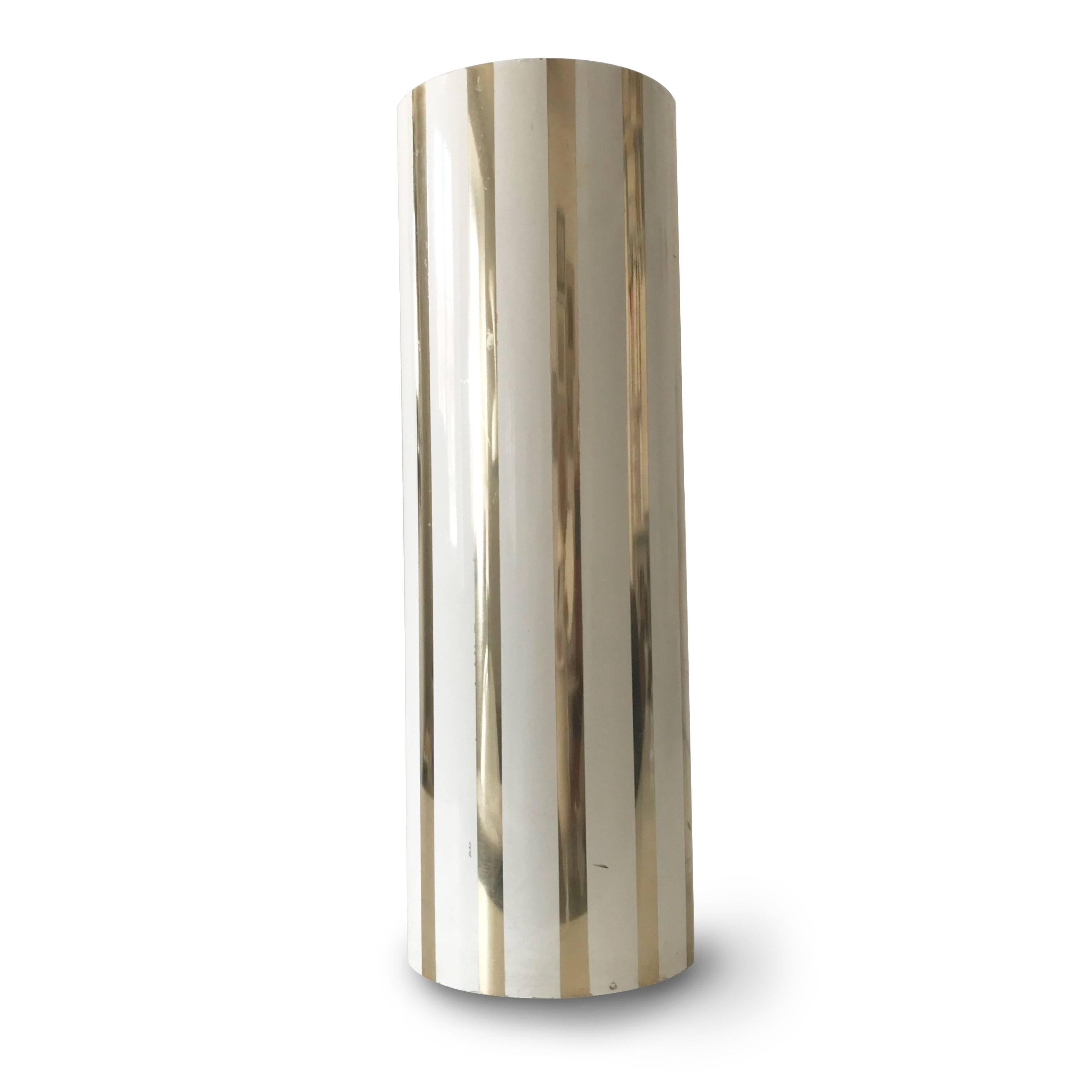 Elegant and decorative Mid-Century Modern umbrella stand. Designed probably by Piero Fornasetti, 1950s, Italy.

Executed in metal which is enameled in white and gold strips. 

Condition:
Good  original vintage condition. Wear consistent with use and