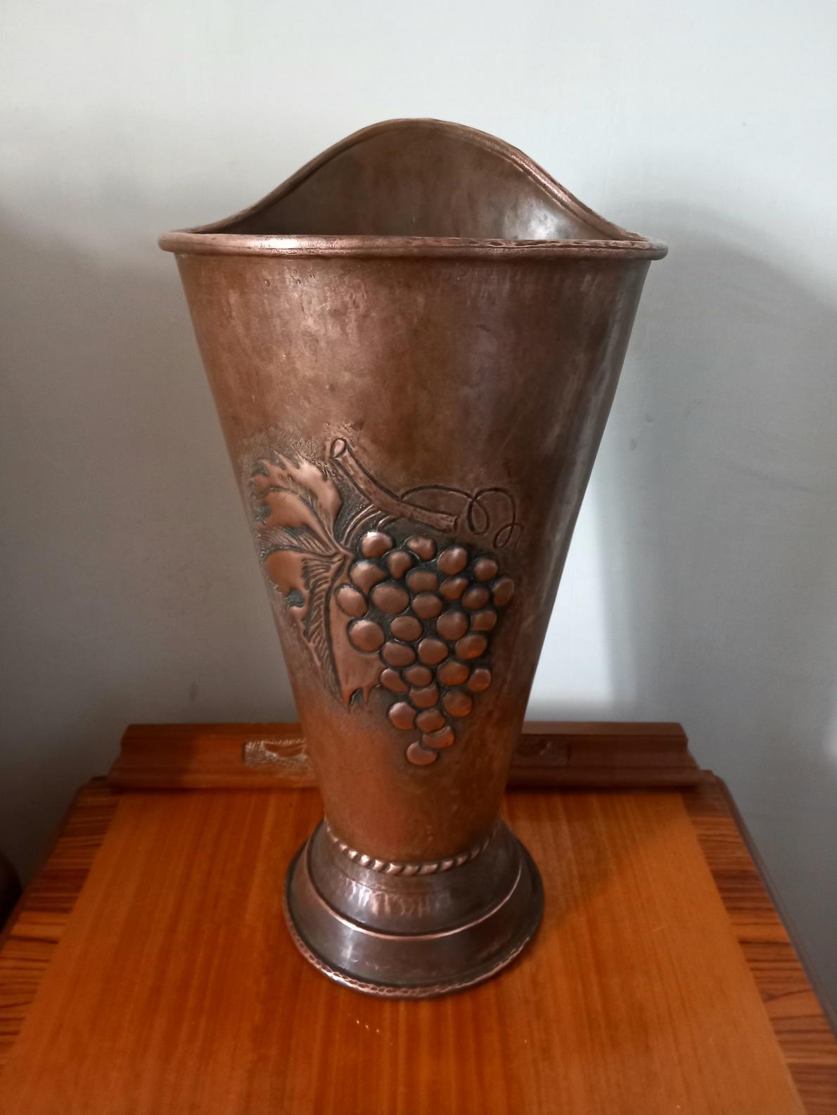 Copper Umbrella Stand, Hammered and With Embossed Bunch of Grapes  From Spain For Sale 5