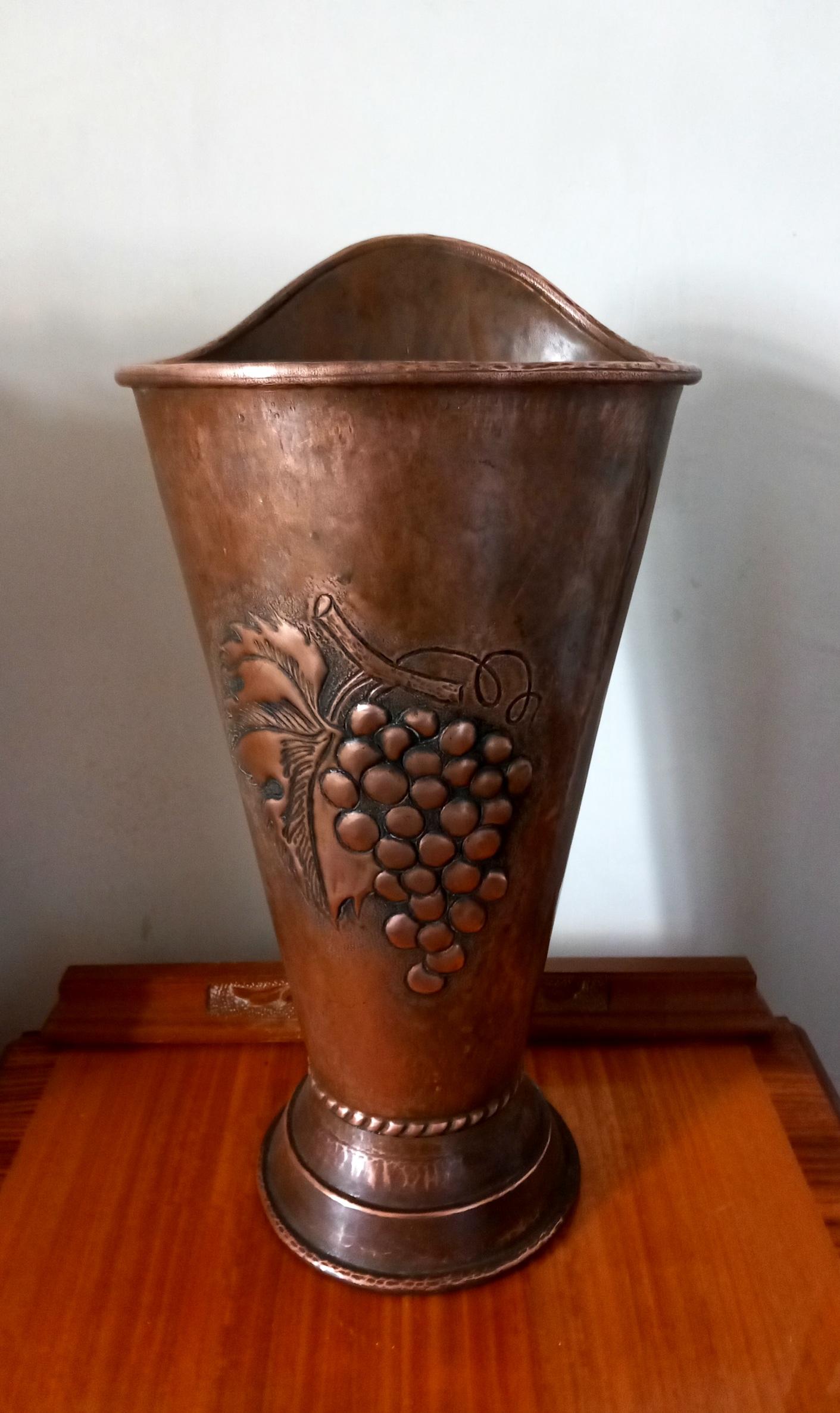 Copper Umbrella Stand, Hammered and With Embossed Bunch of Grapes  From Spain For Sale 6