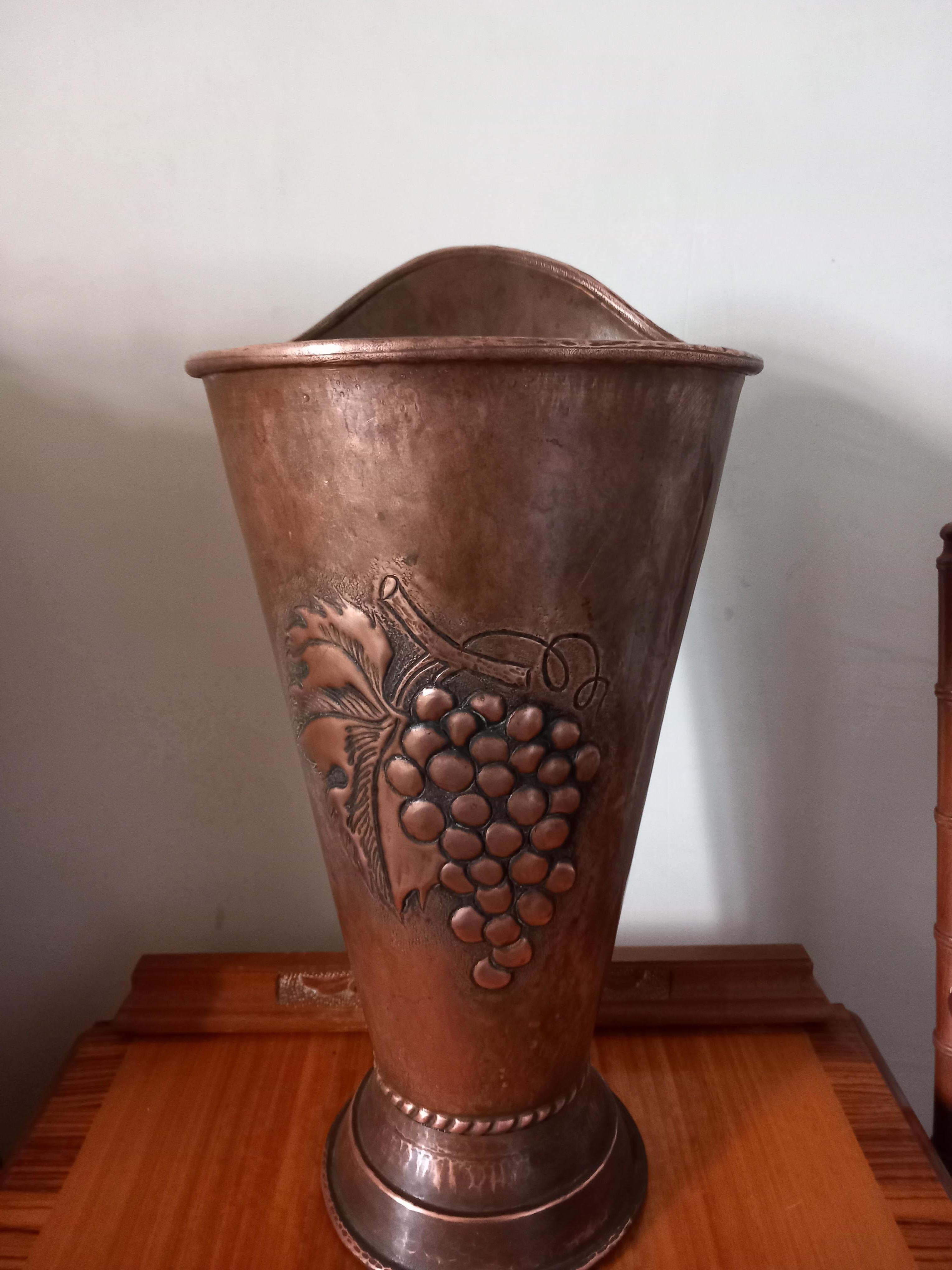 Copper Umbrella Stand, Hammered and With Embossed Bunch of Grapes  From Spain For Sale 7