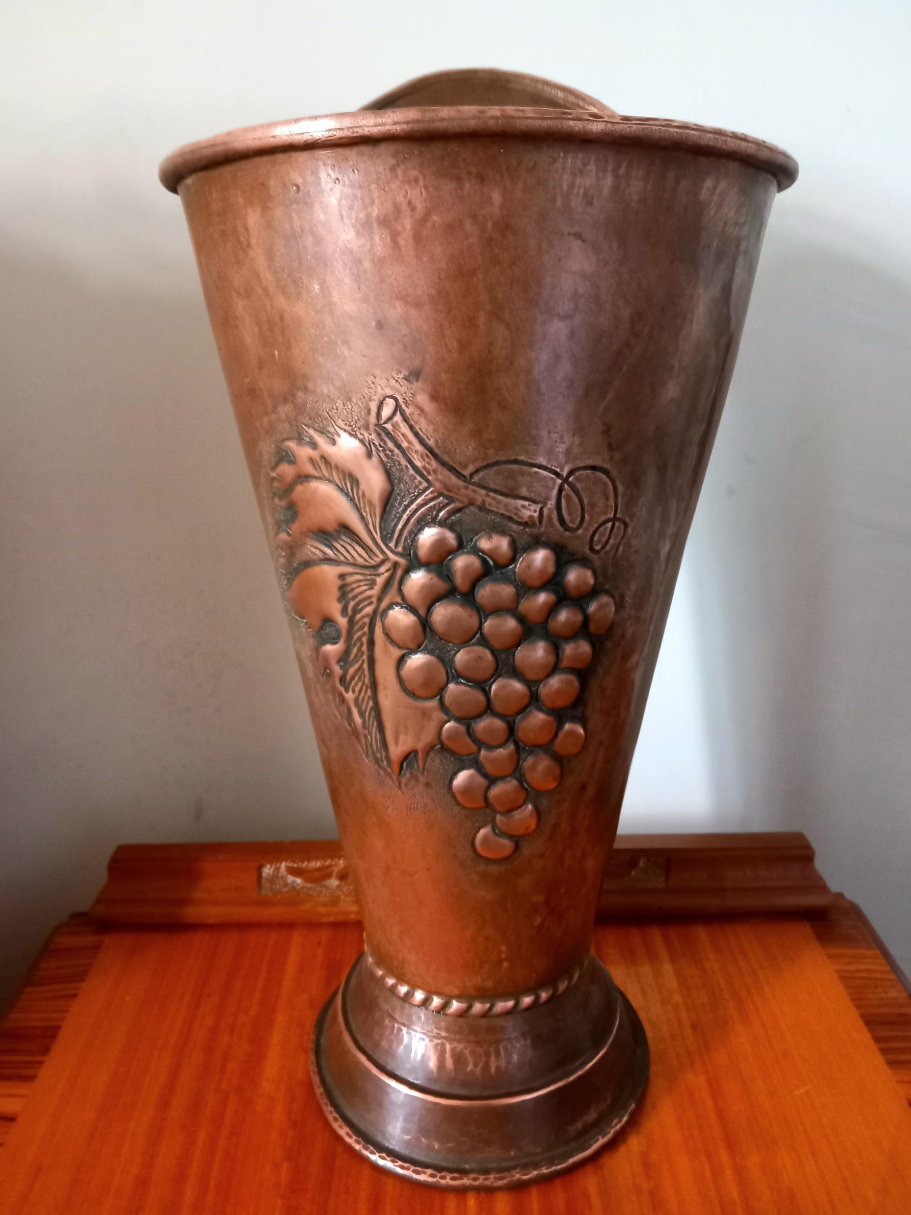 Copper Umbrella Stand, Hammered and With Embossed Bunch of Grapes  From Spain For Sale 1