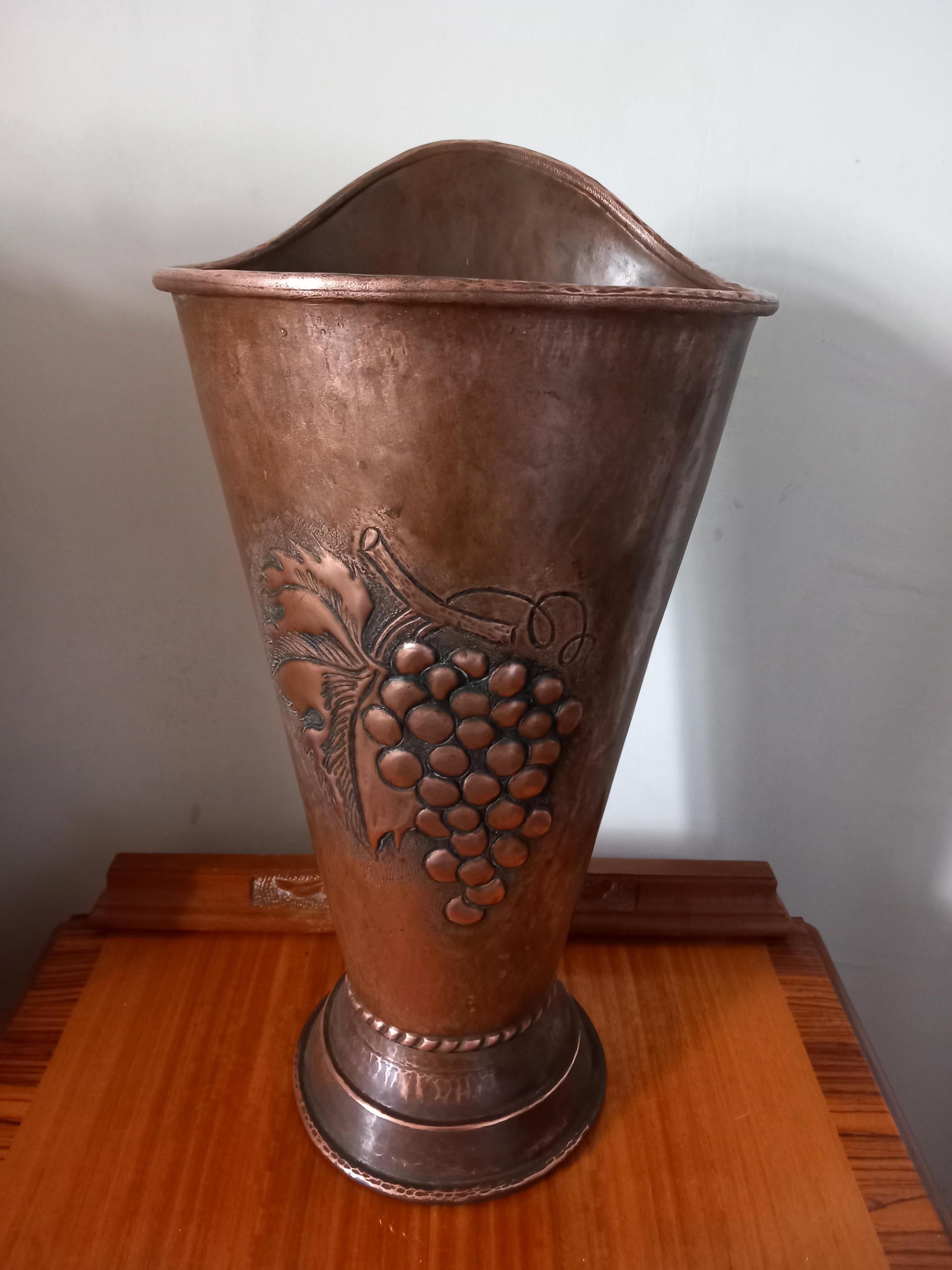 Copper Umbrella Stand, Hammered and With Embossed Bunch of Grapes  From Spain For Sale 2