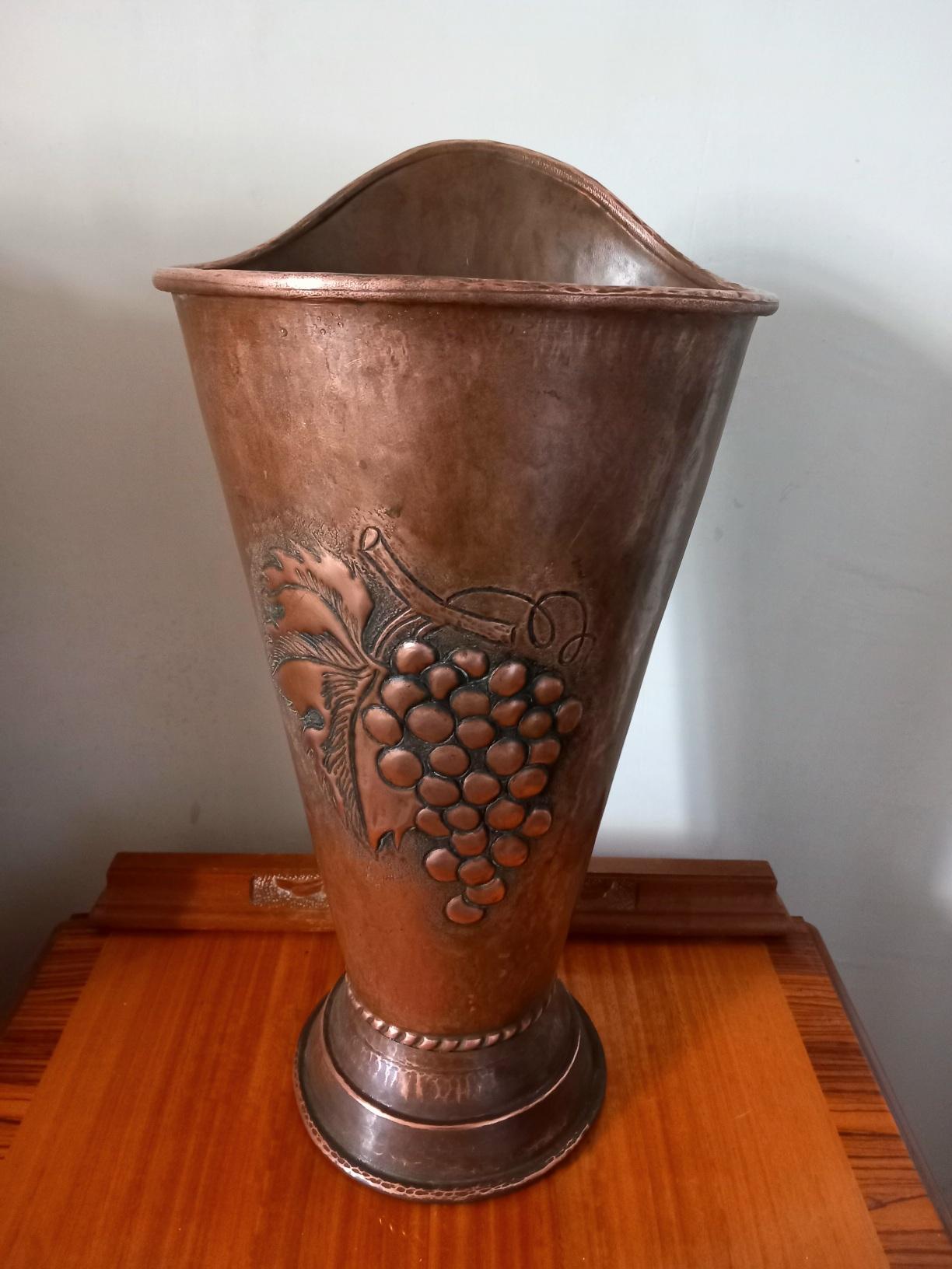 Copper Umbrella Stand, Hammered and With Embossed Bunch of Grapes  From Spain For Sale 4