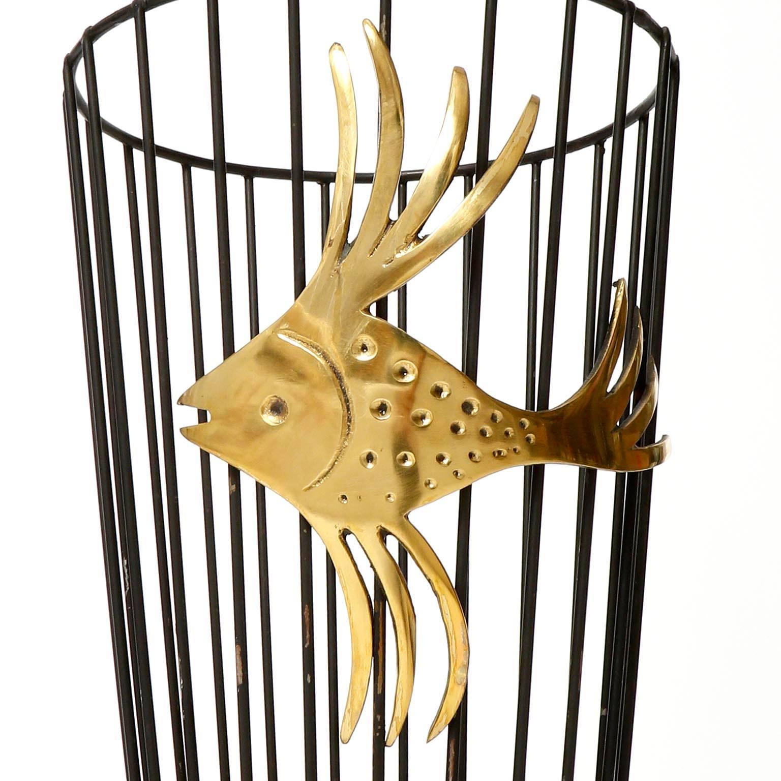 Mid-Century Modern Umbrella Stand Fish, Brass Blackened Metal, Walter Bosse, Austria, 1950s For Sale