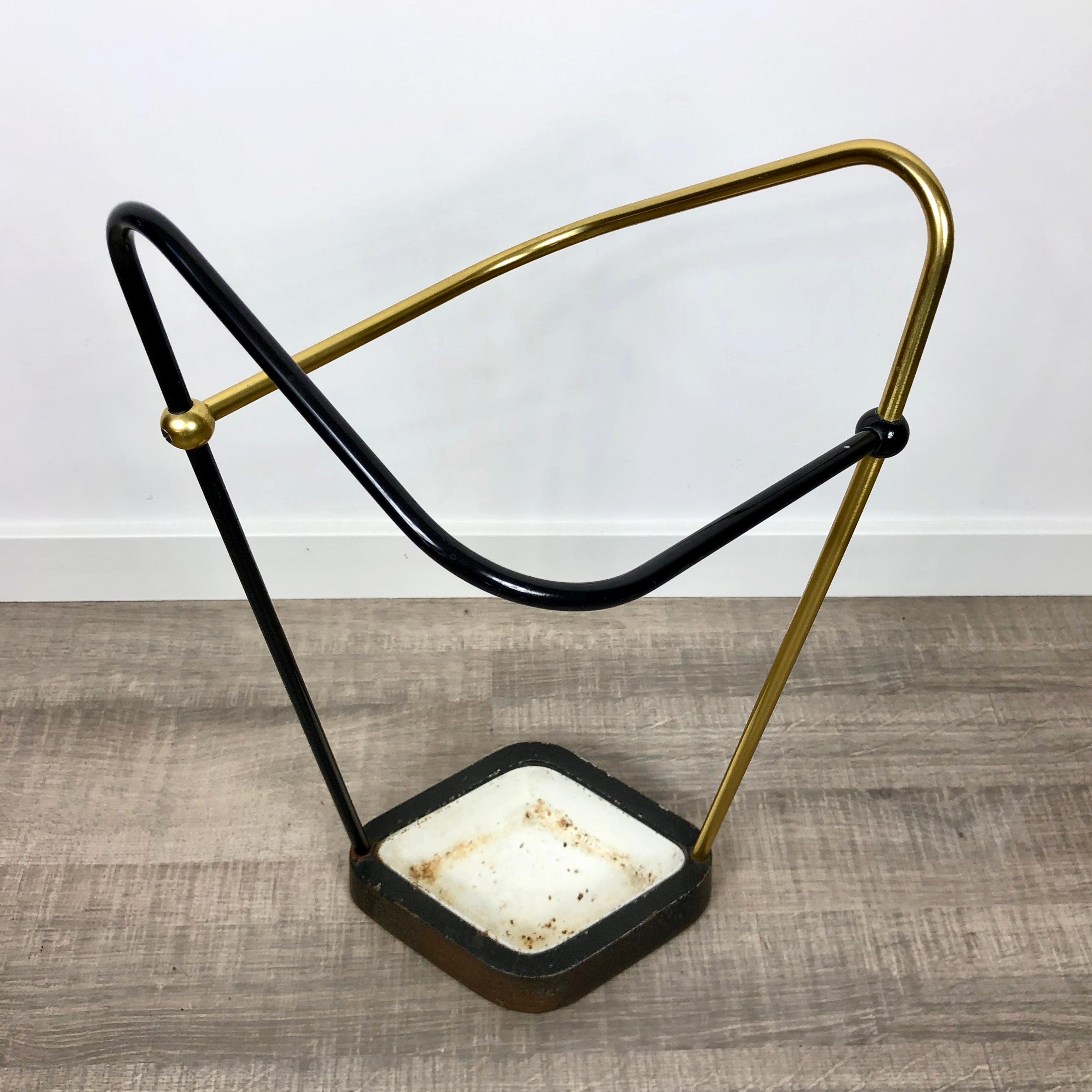 Metal Umbrella Stand in Brought Iron, Brass, Aluminium, Bauhaus style, Germany, 1950s For Sale