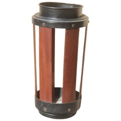 Vintage Umbrella Stand in Colored Aluminum Bands Mahogany Wood Black Mid-Century Modern