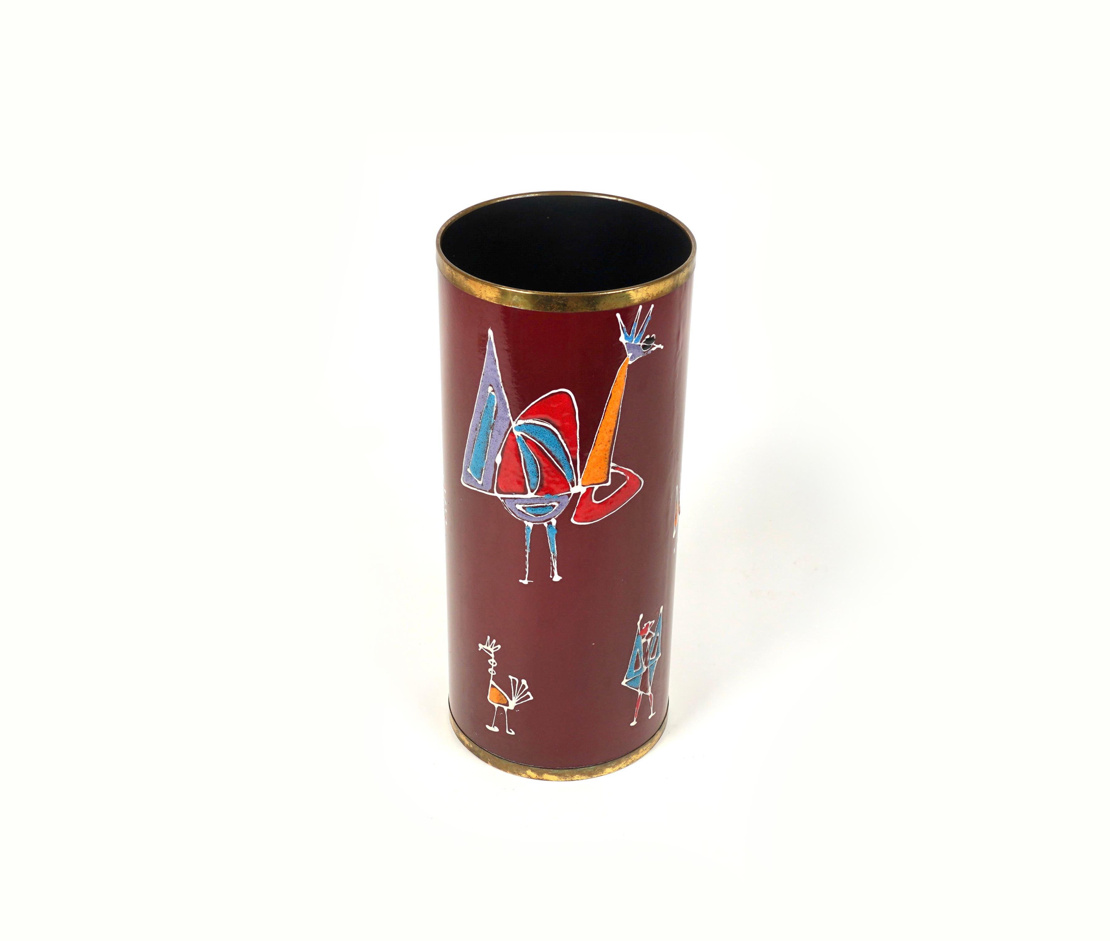 Metal Umbrella Stand in Enamel Iron and Brass by Siva Di Poggibonsi, Italy, 1960s For Sale