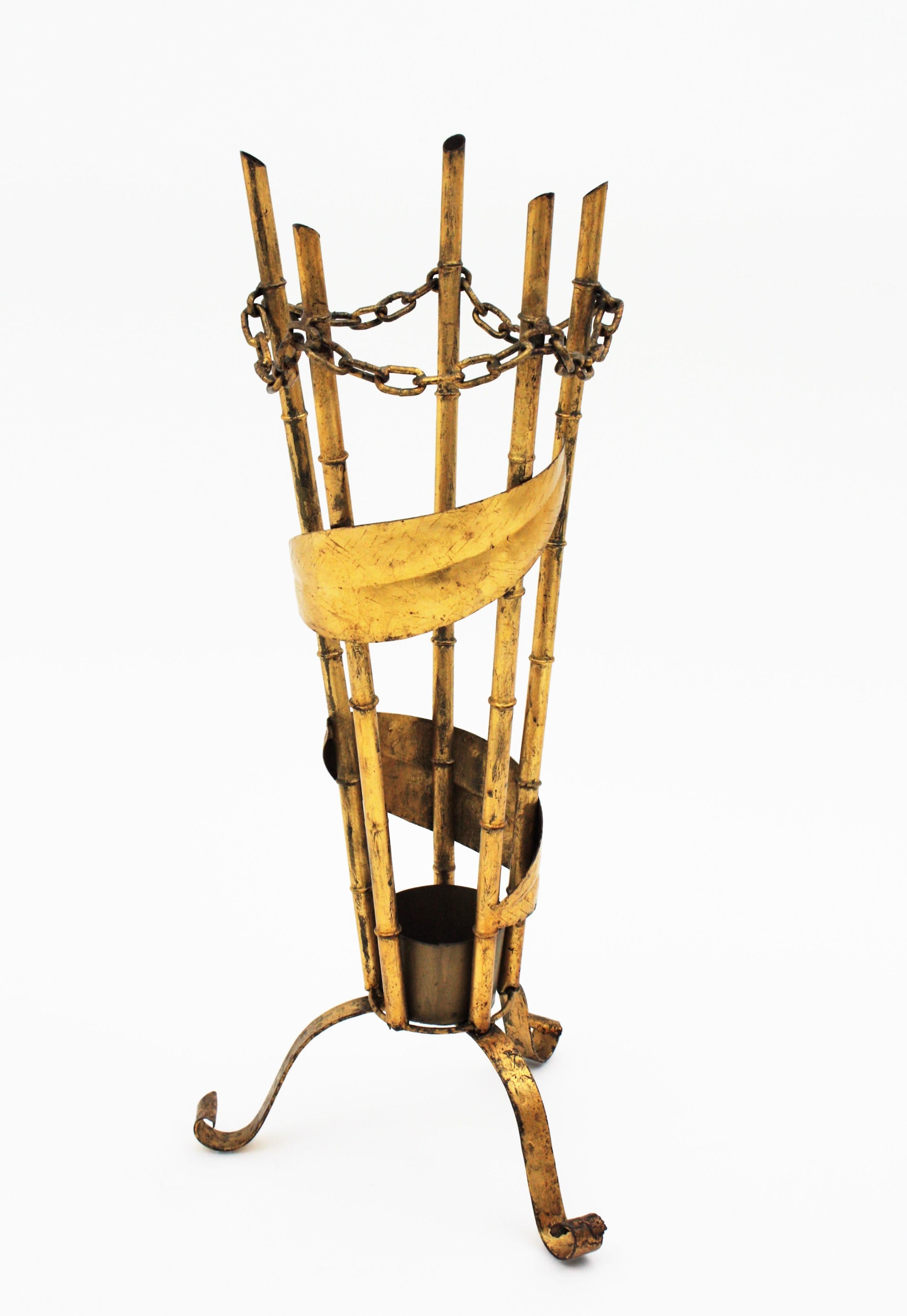 Spanish Gilt Iron Umbrella Stand, Faux Bamboo Design For Sale 4