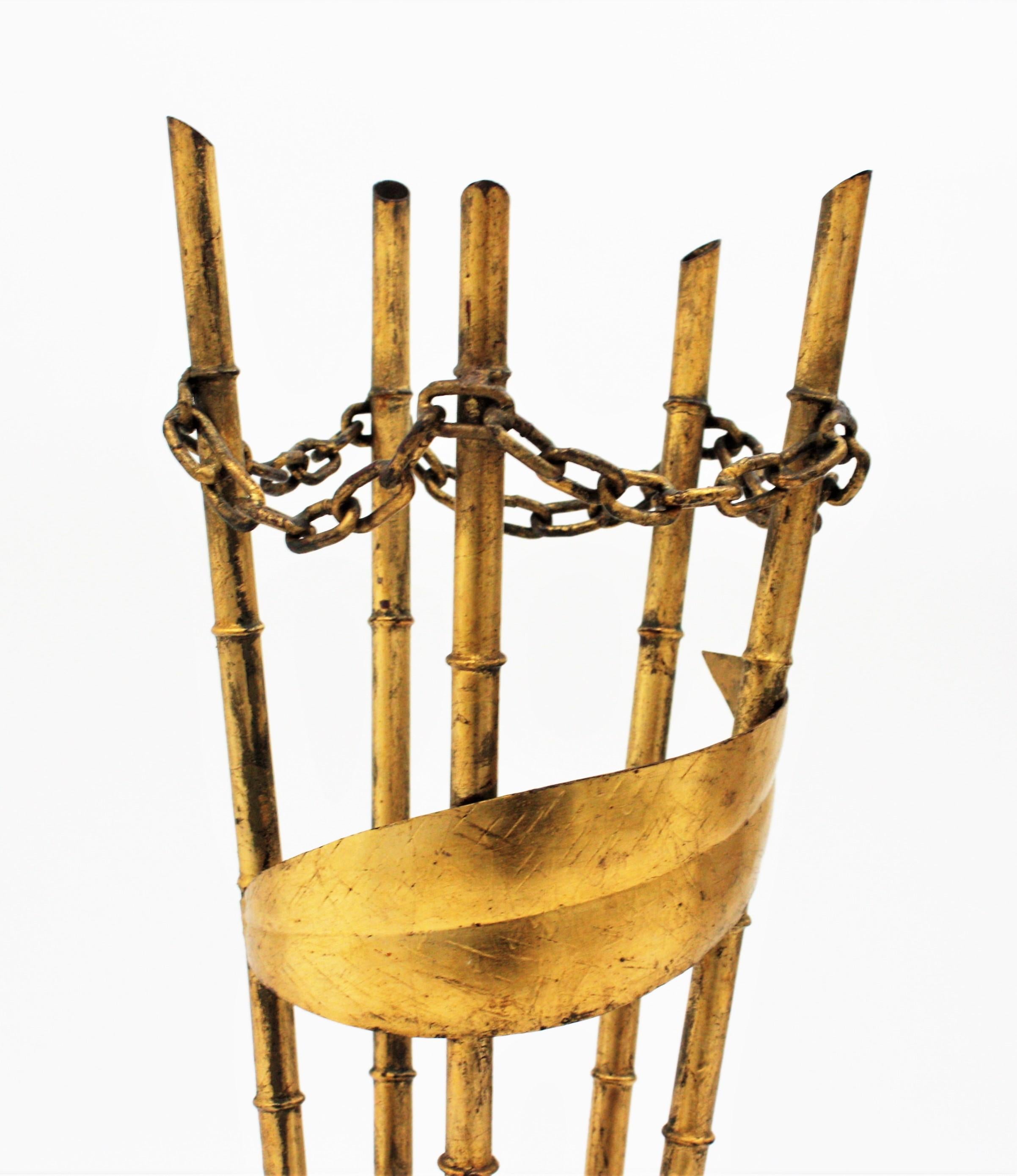 20th Century Spanish Gilt Iron Umbrella Stand, Faux Bamboo Design For Sale