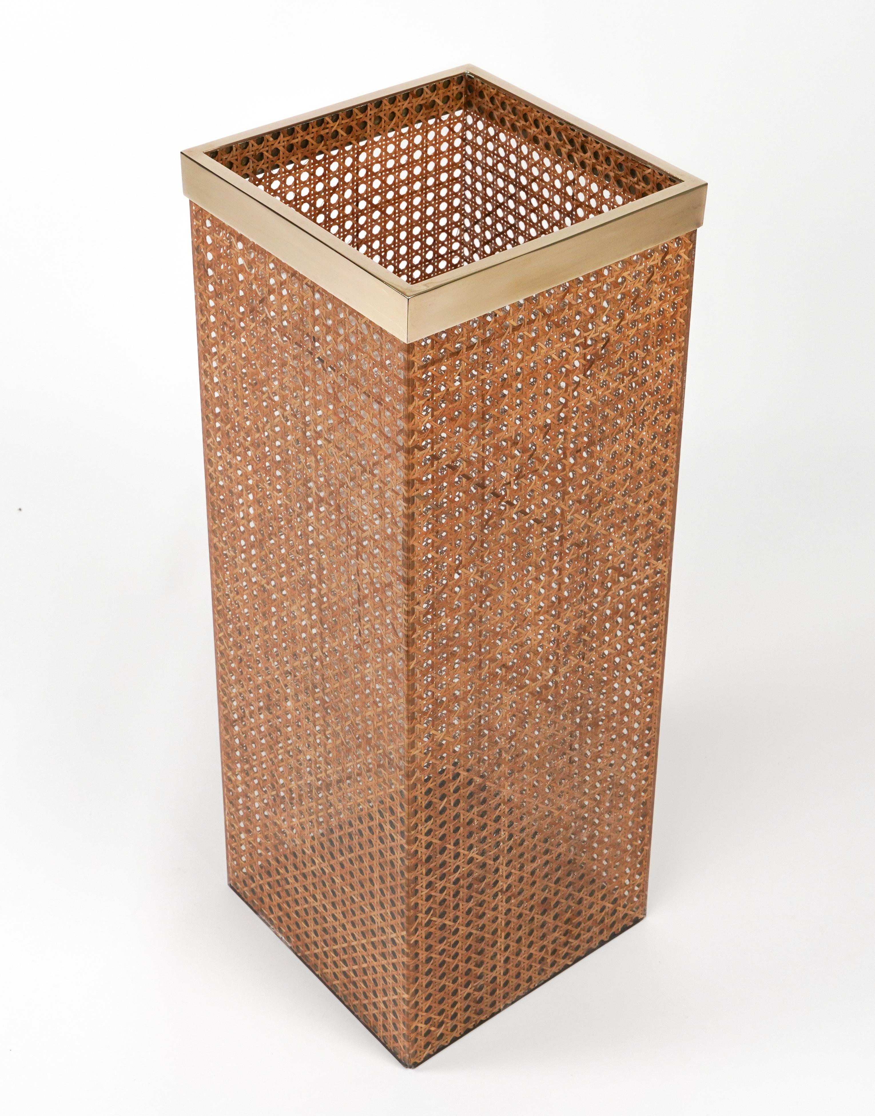 Metal Umbrella Stand in Lucite, Rattan and Brass Christian Dior Style, Italy 1970s For Sale