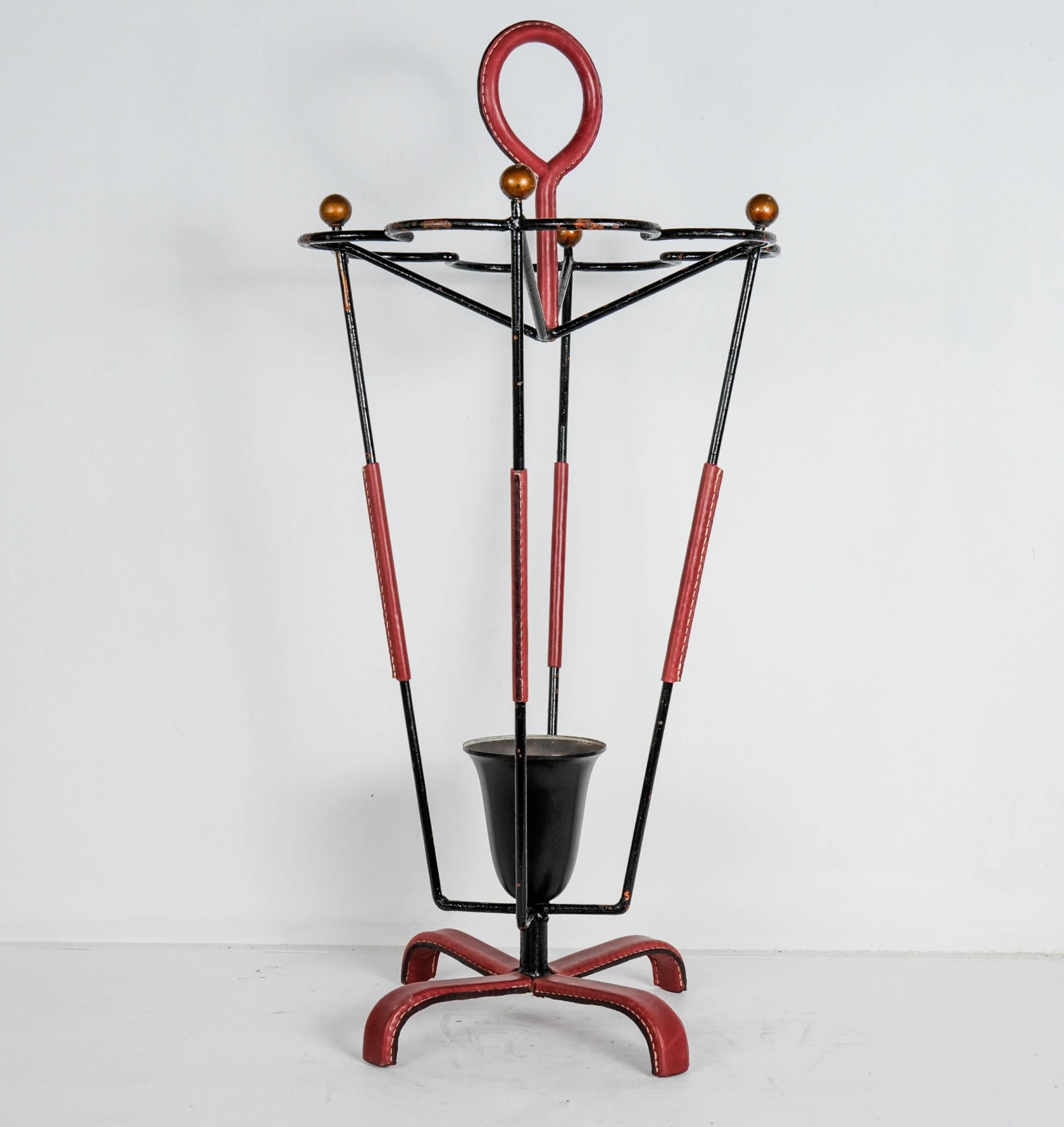 Mid-20th Century Umbrella Stand in Stitched Leather by Jacques Adnet For Sale
