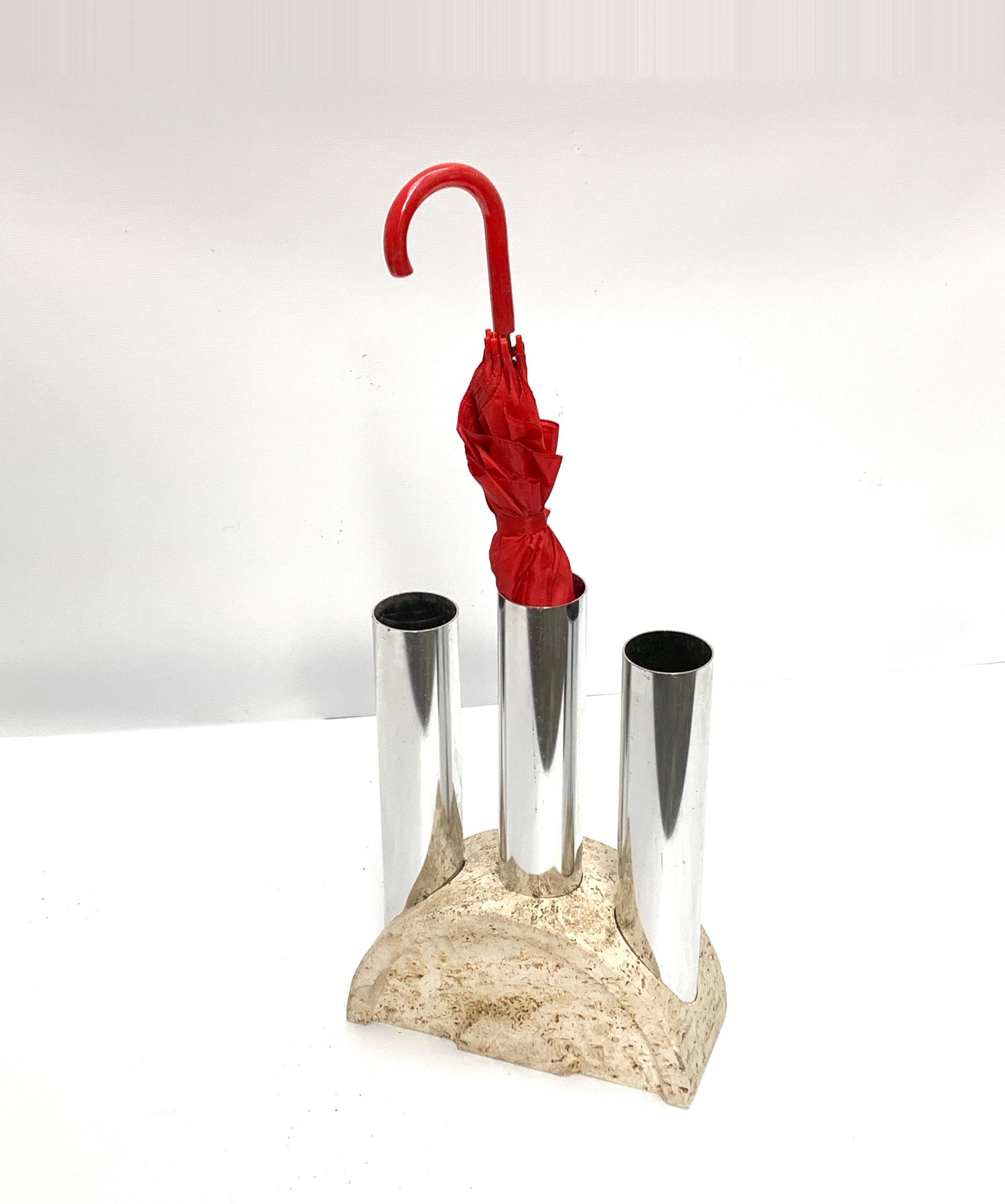 Umbrella Stand in Travertine and Chrome, Vase Fratelli Manelli, Italia, 1970s 4