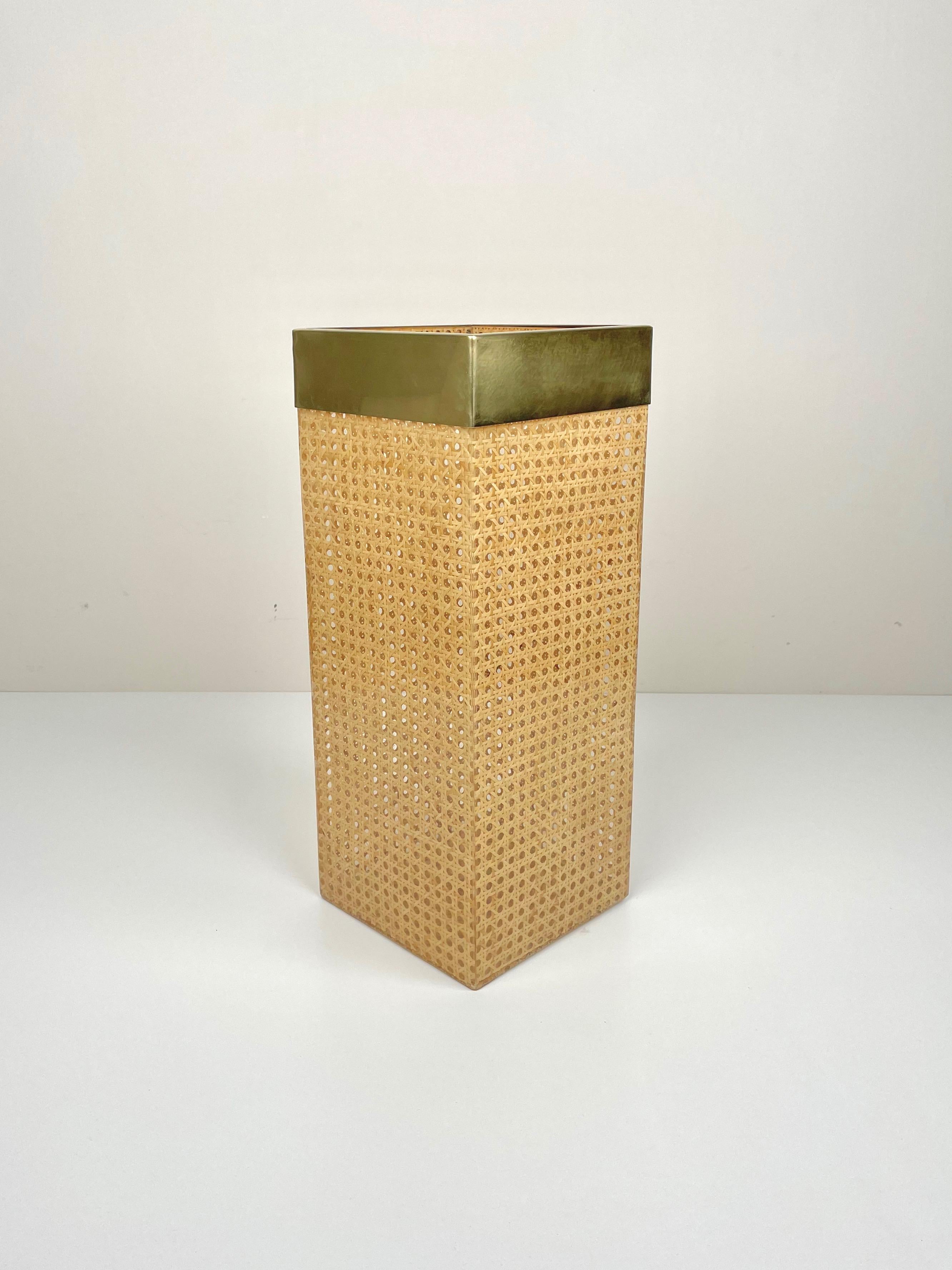 Mid-Century Modern Umbrella Stand Lucite, Rattan and Brass by Christian Dior Home, France, 1970s