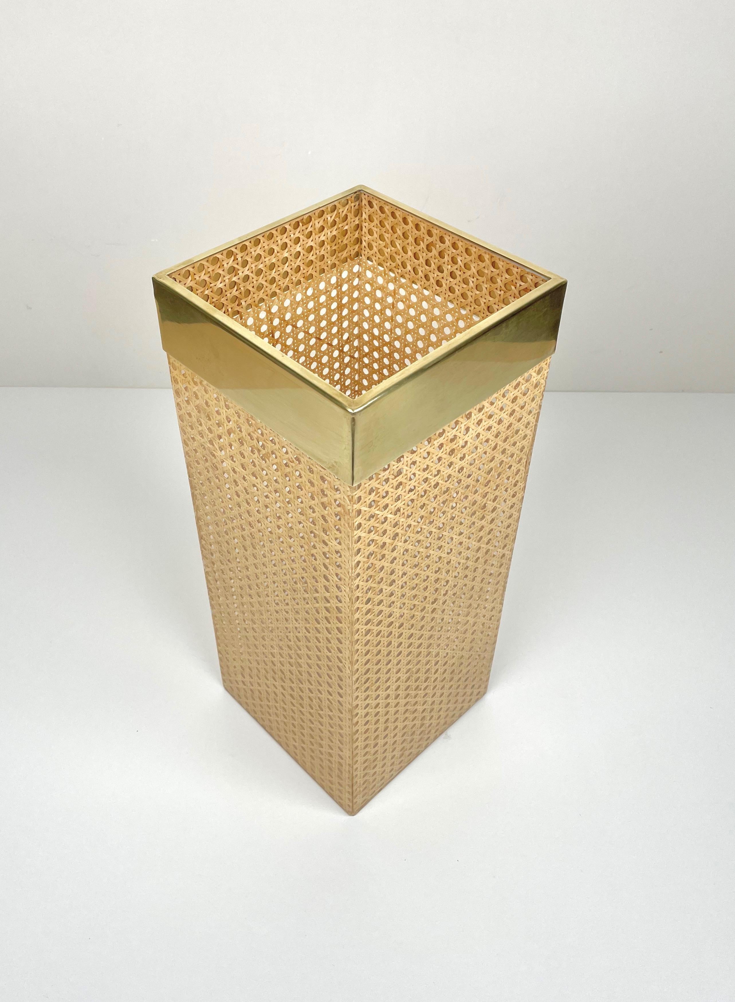 French Umbrella Stand Lucite, Rattan and Brass by Christian Dior Home, France, 1970s