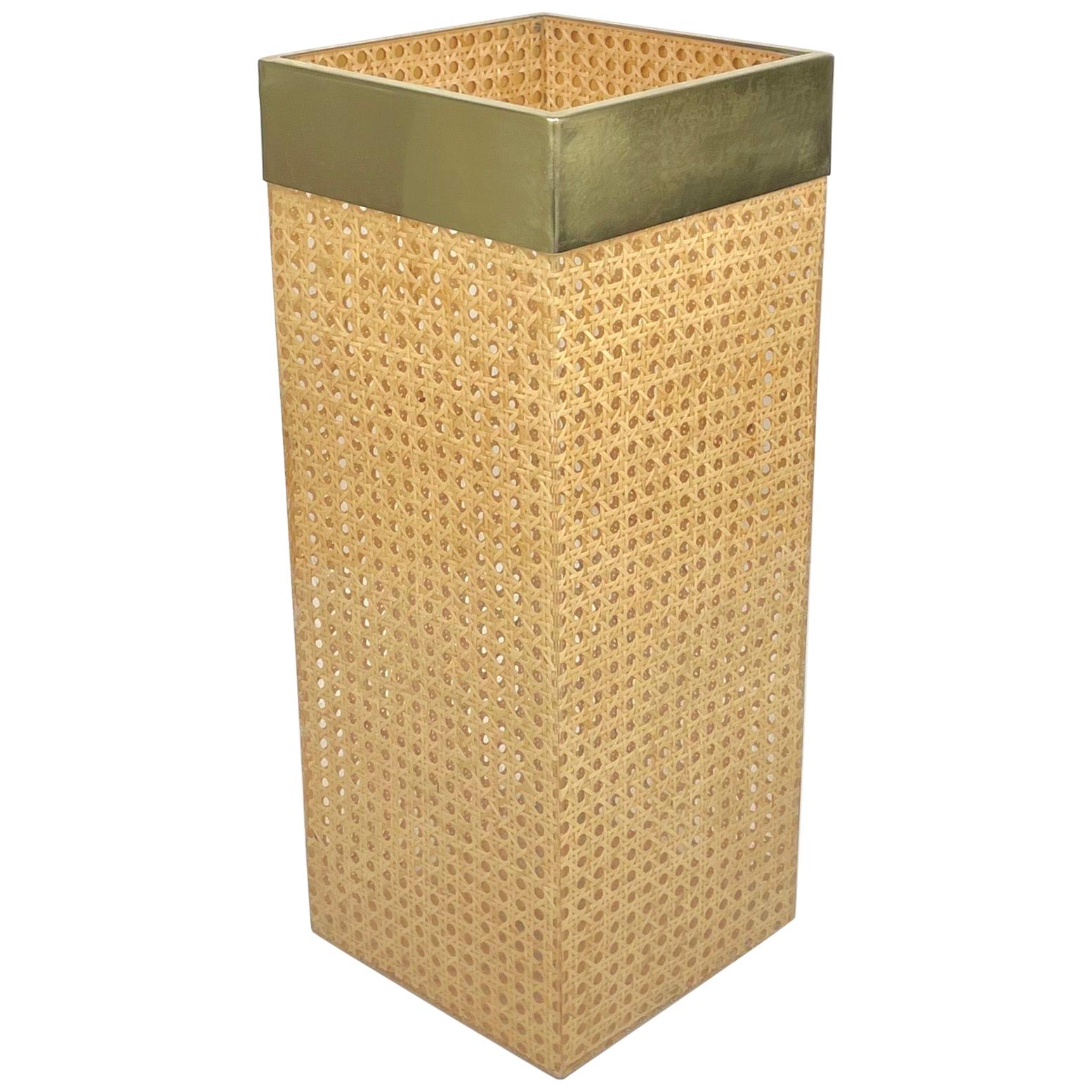 Umbrella Stand Lucite, Rattan and Brass by Christian Dior Home, France, 1970s