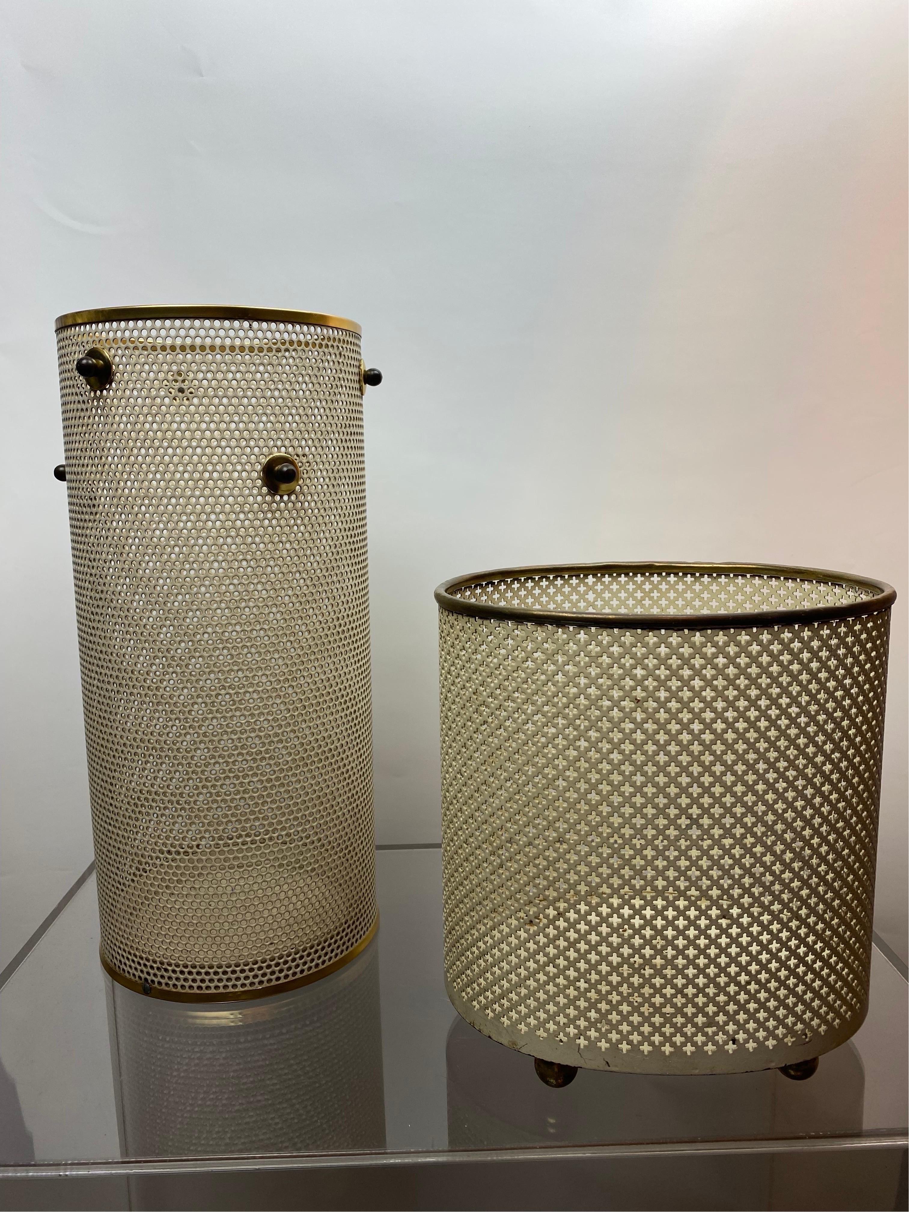 Umbrella Stand Mategot 50s cylindrical Vase perforated metal with gold Details  For Sale 4