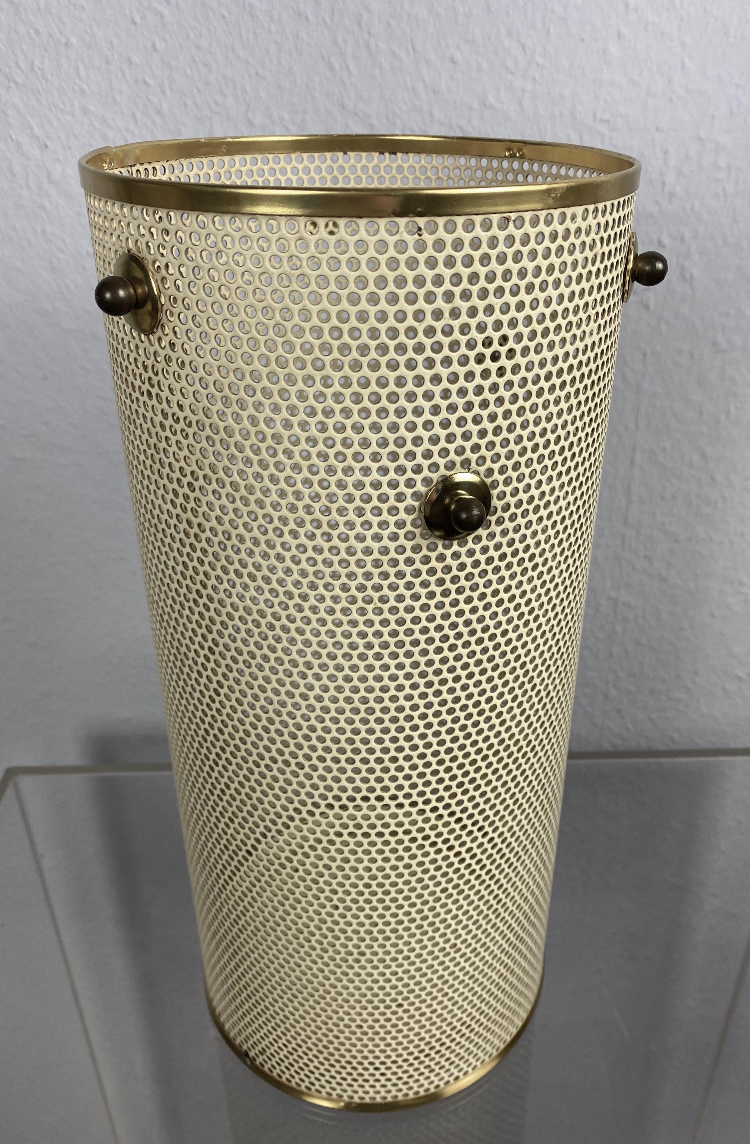 Lacquered Umbrella Stand Mategot 50s cylindrical Vase perforated metal with gold Details  For Sale