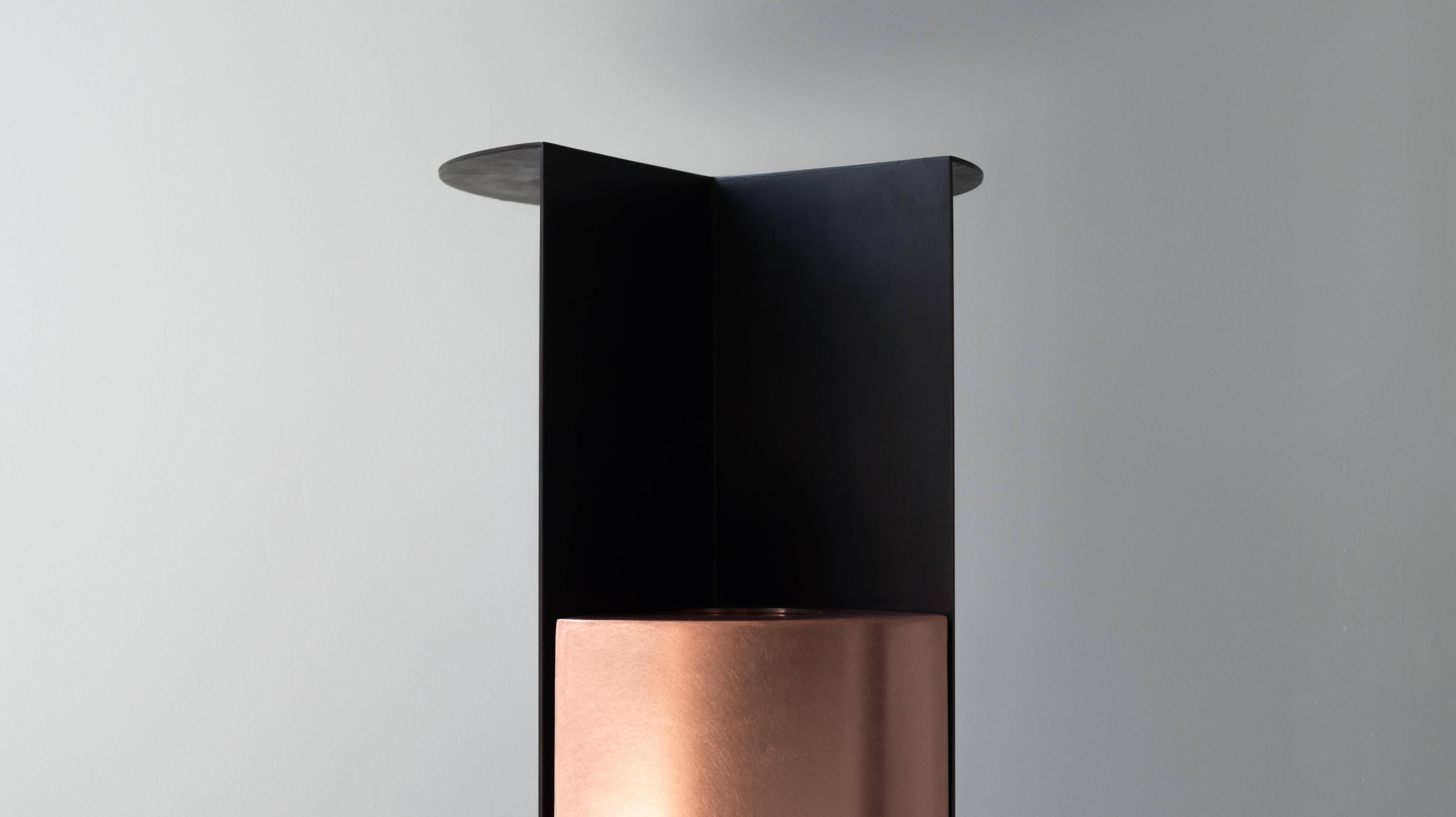 Umbrella Stand One with Shelf in Blackened Steel and Copper In New Condition For Sale In Ridgewood, NY