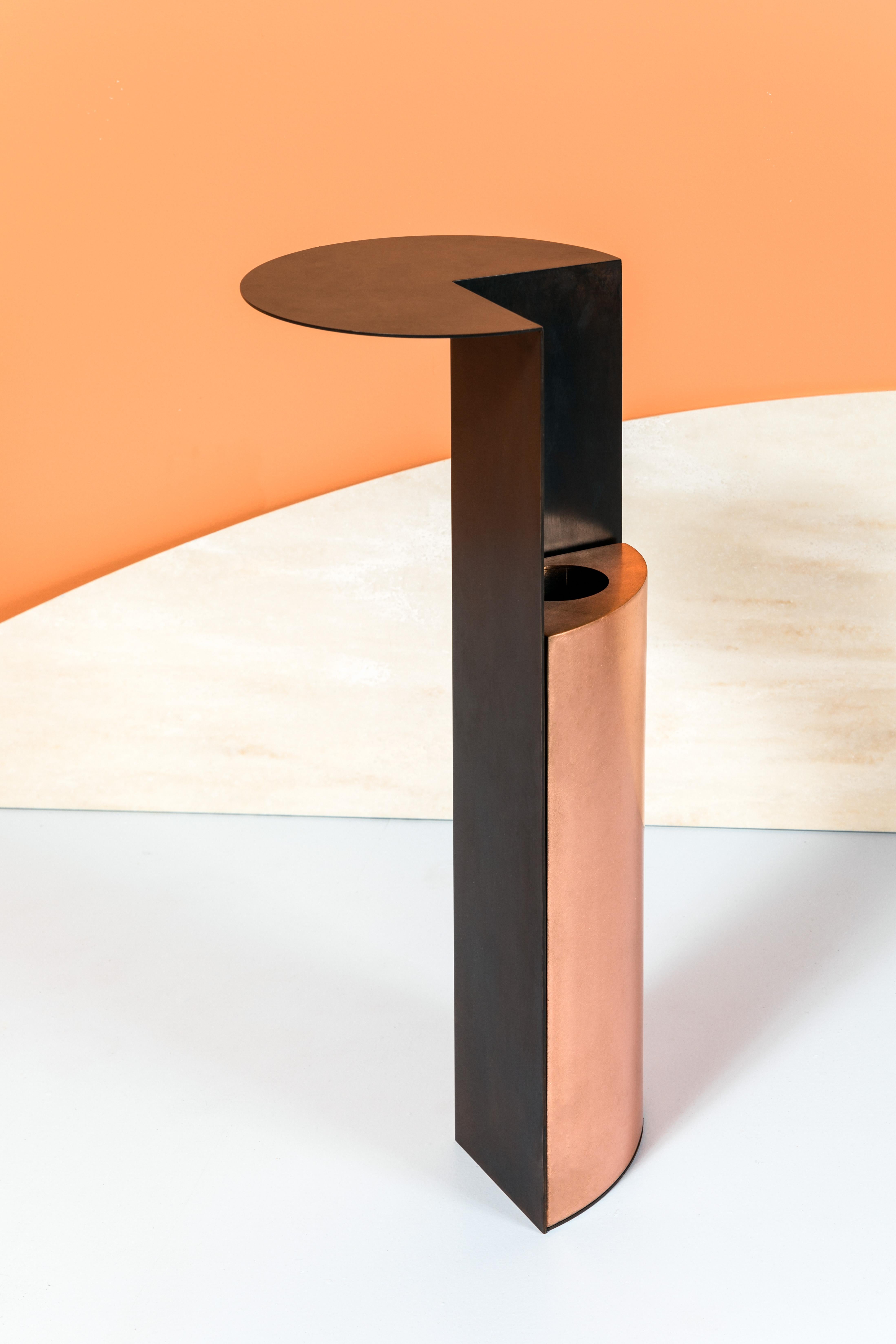 Anodized Umbrella Stand One with Shelf in Blackened Steel and Copper For Sale