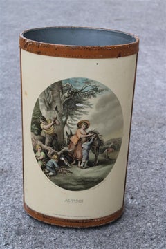 Umbrella stand with prints of 1950s country English life with leather parts