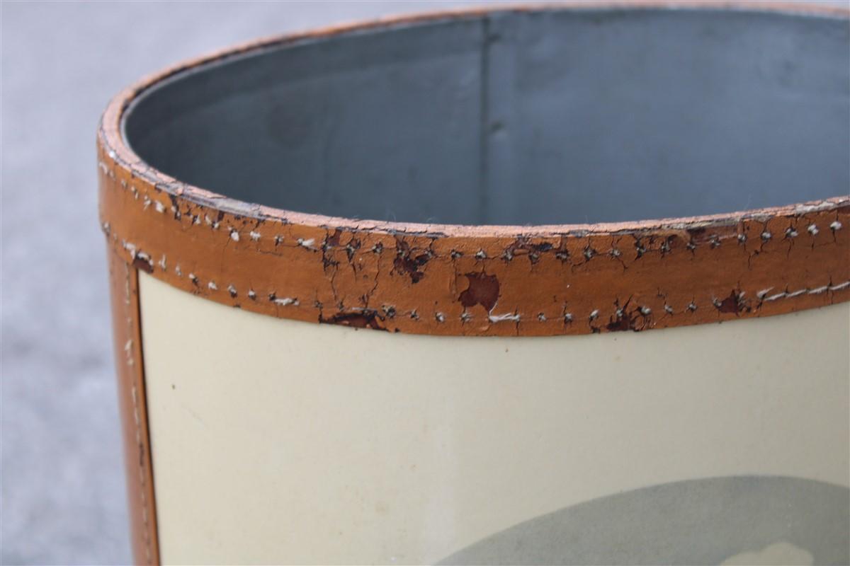 Leather Umbrella stand with prints of 1950s country English life with leather parts For Sale