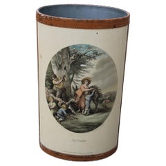 Umbrella stand with prints of 1950s country English life with leather parts