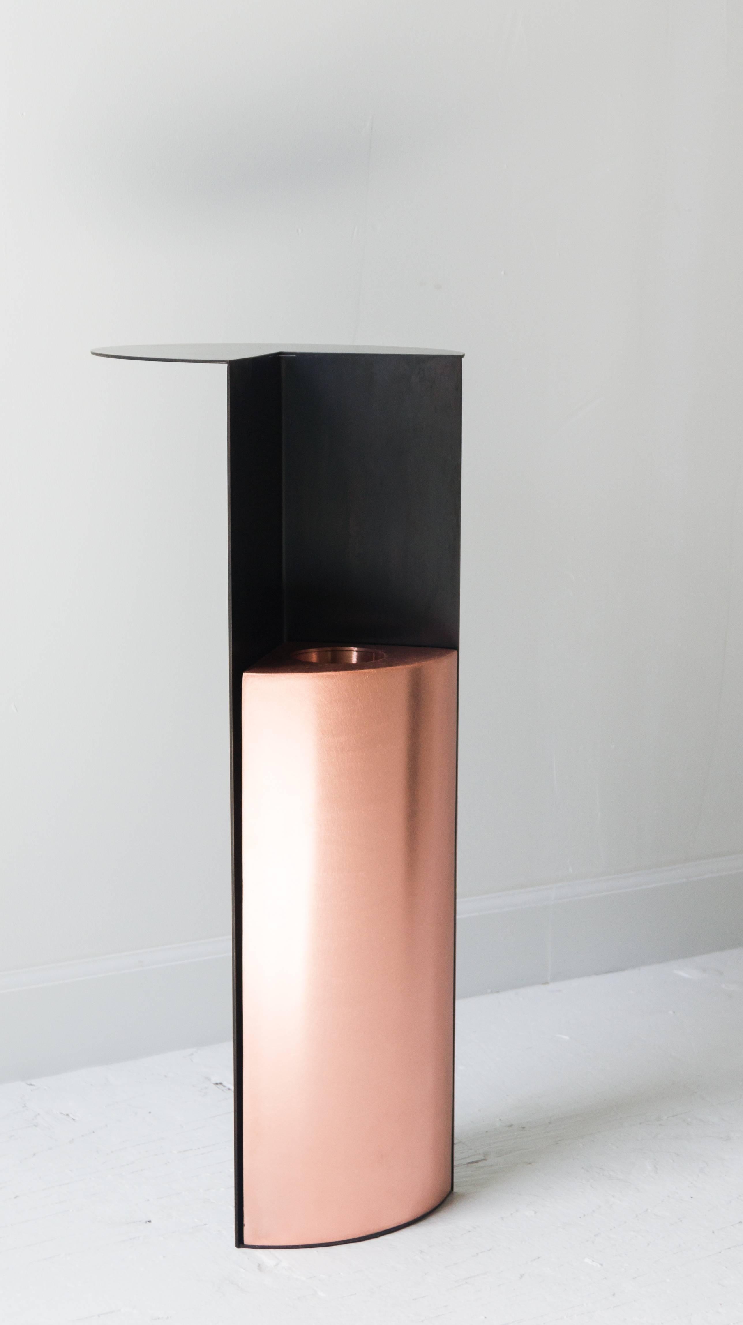 Brushed Umbrella Stand with Shelf in Blackened Steel and Copper by Birnam Wood Studio For Sale