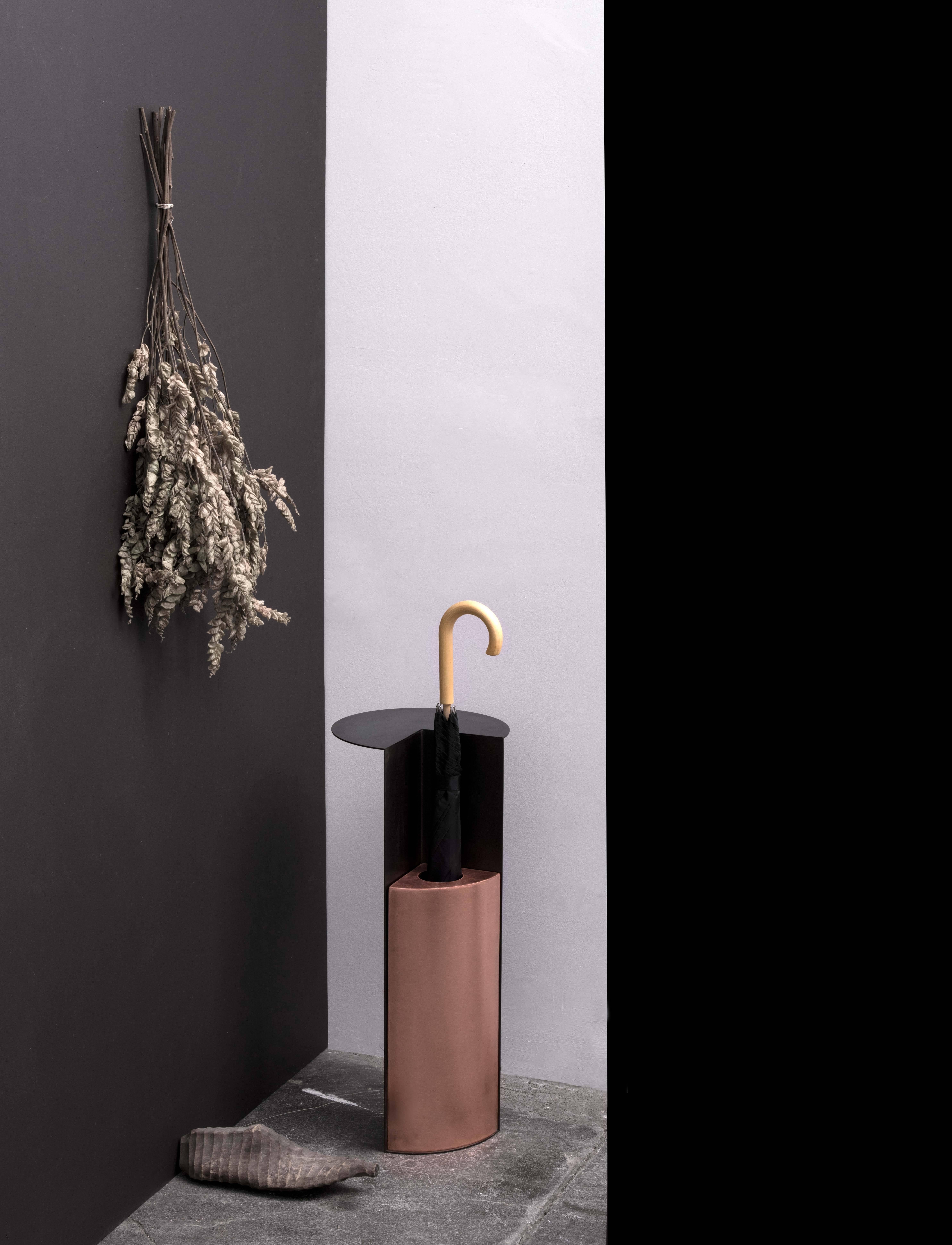 Umbrella Stand with Shelf in Blackened Steel and Copper by Birnam Wood Studio In New Condition For Sale In Ridgewood, NY