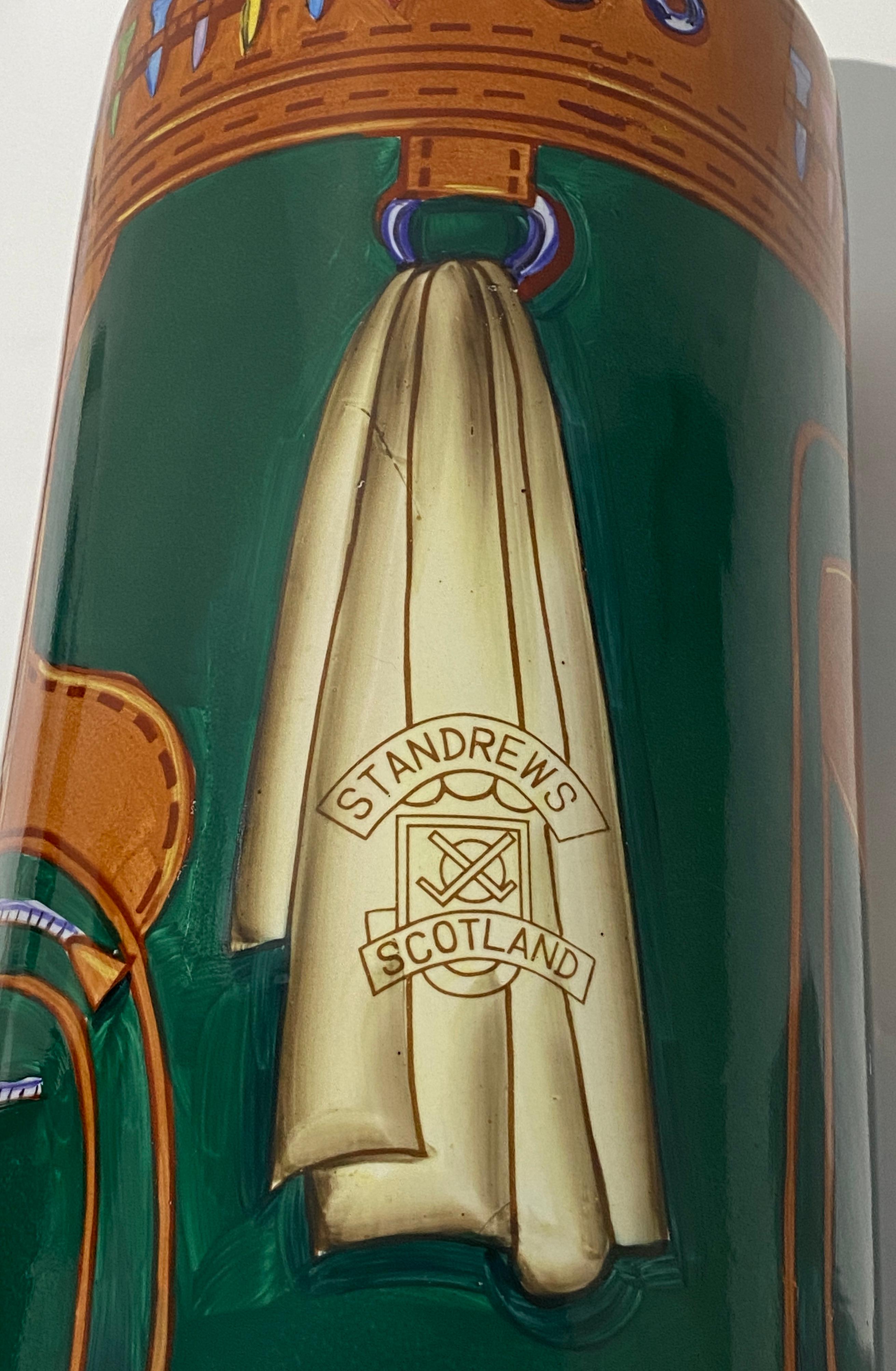 This stylish hand-painted umbrella urn dates to the 1980s and is painted to look like a golf bag from the St. Andrews golf club in Scotland.