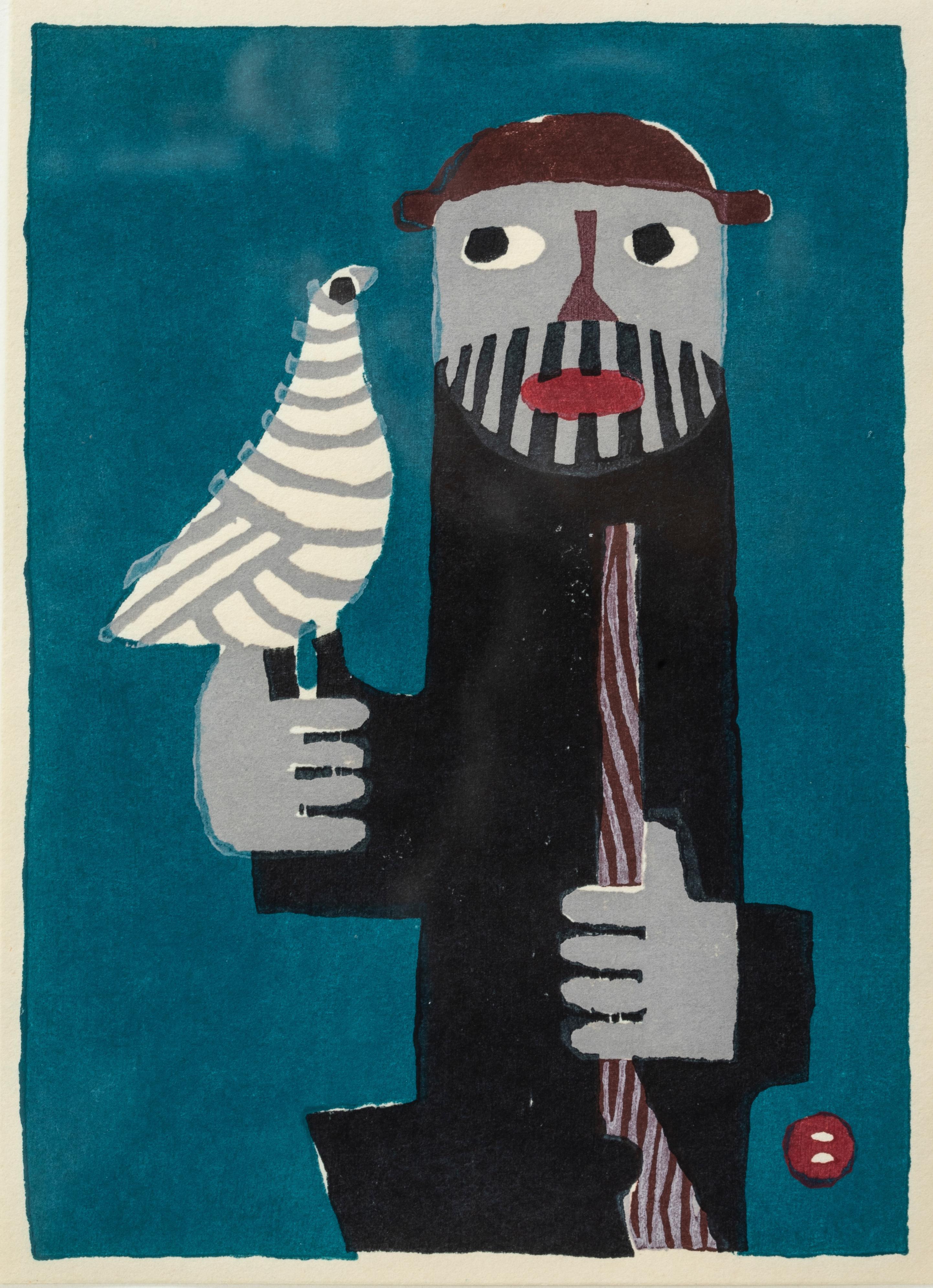 Other Umetaro Azechi Mountain Man Holding a Pigeon Japanese Woodblock For Sale