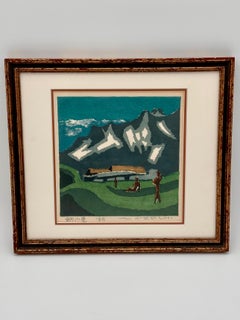 Abstrakter Holzschnitt-Monogramm von Umetaro Azechi „Dree Men on Mountain“