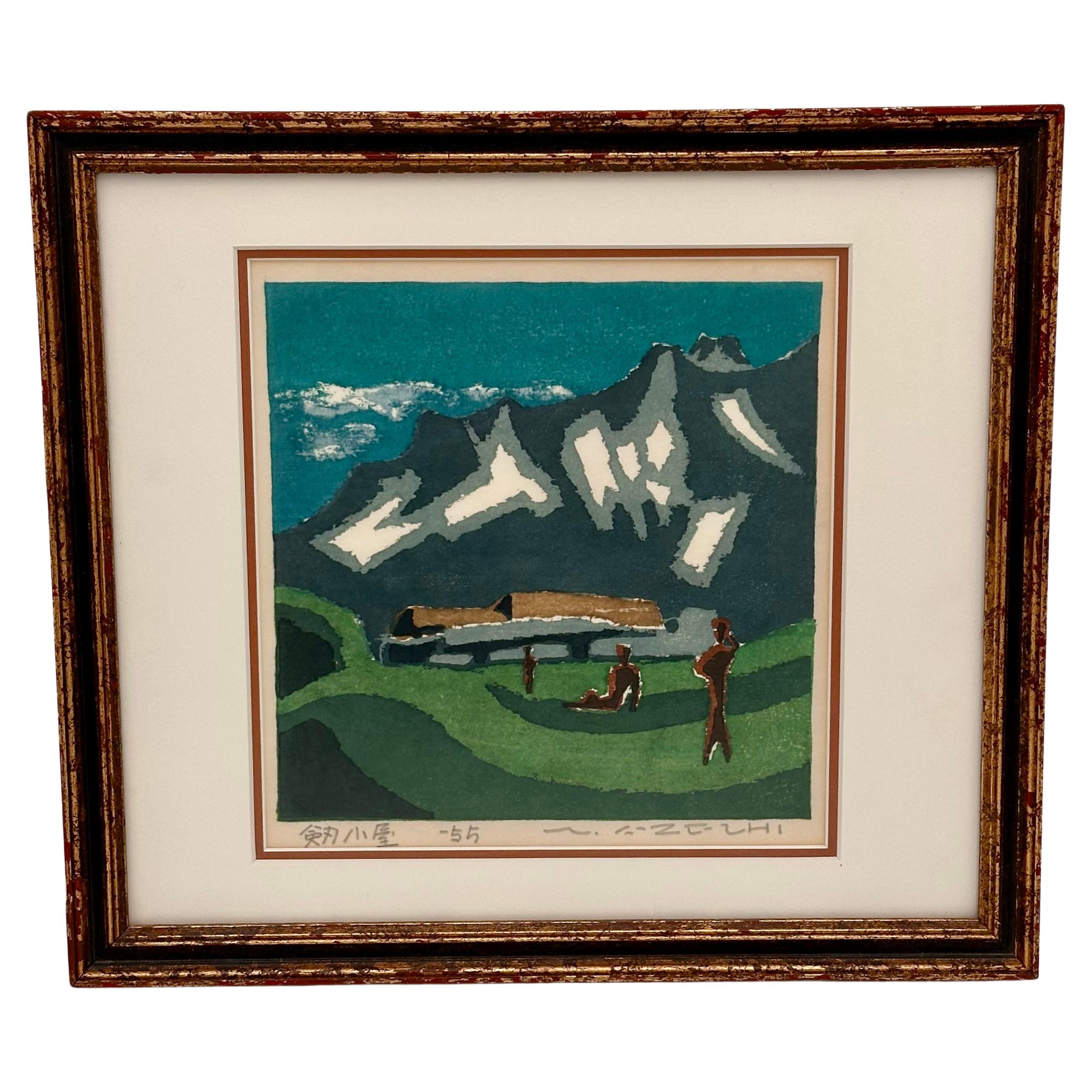 Umetaro Azechi "Tre uomini sulla montagna" Monoprint astratto in xilografia