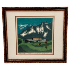 Umetaro Azechi "Three Men on Mountain" Abstract Woodcut Monoprint