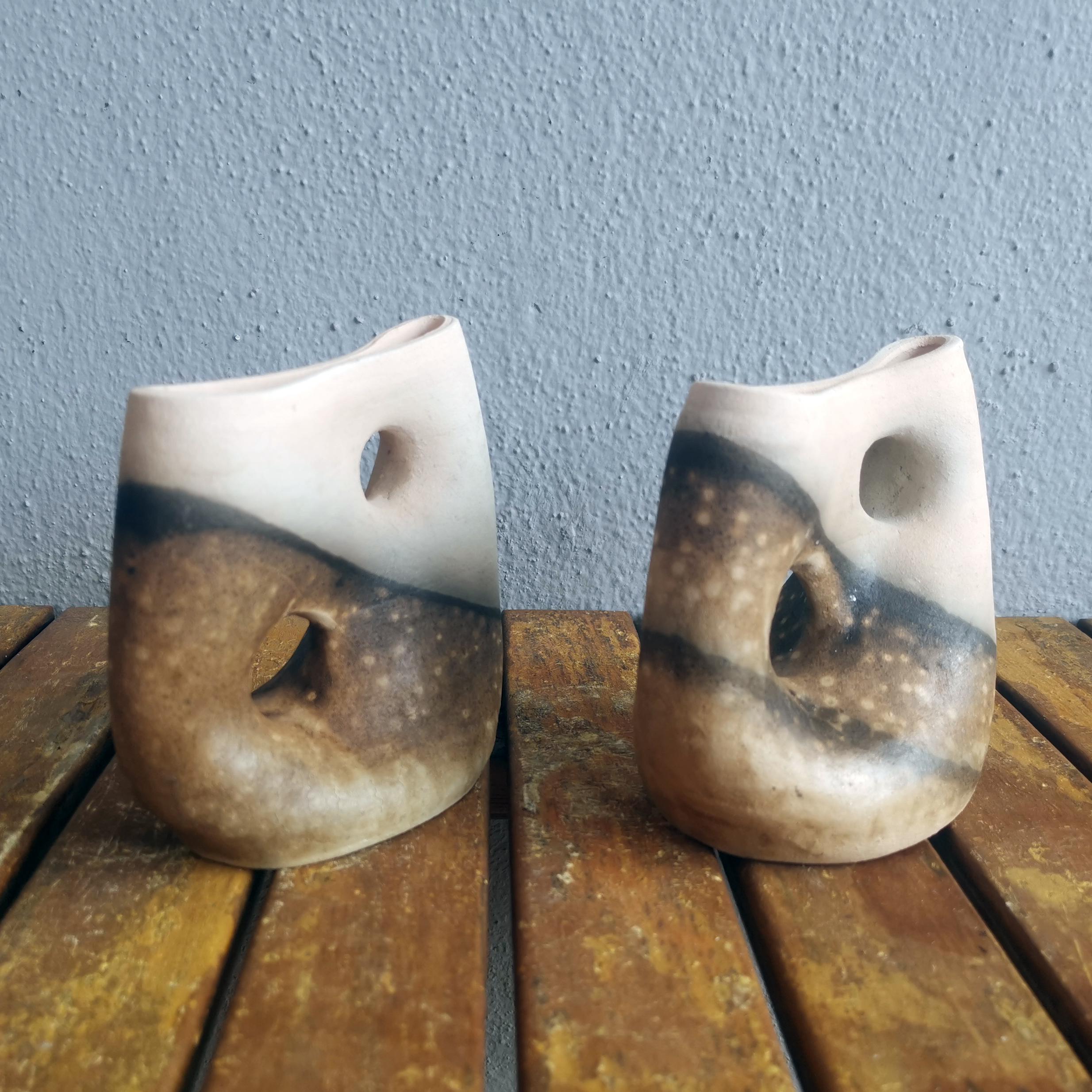 Malaysian Umi 2 Pack Raku Pottery Vase, Obvara, Handmade Ceramic Home Decor Gift For Sale
