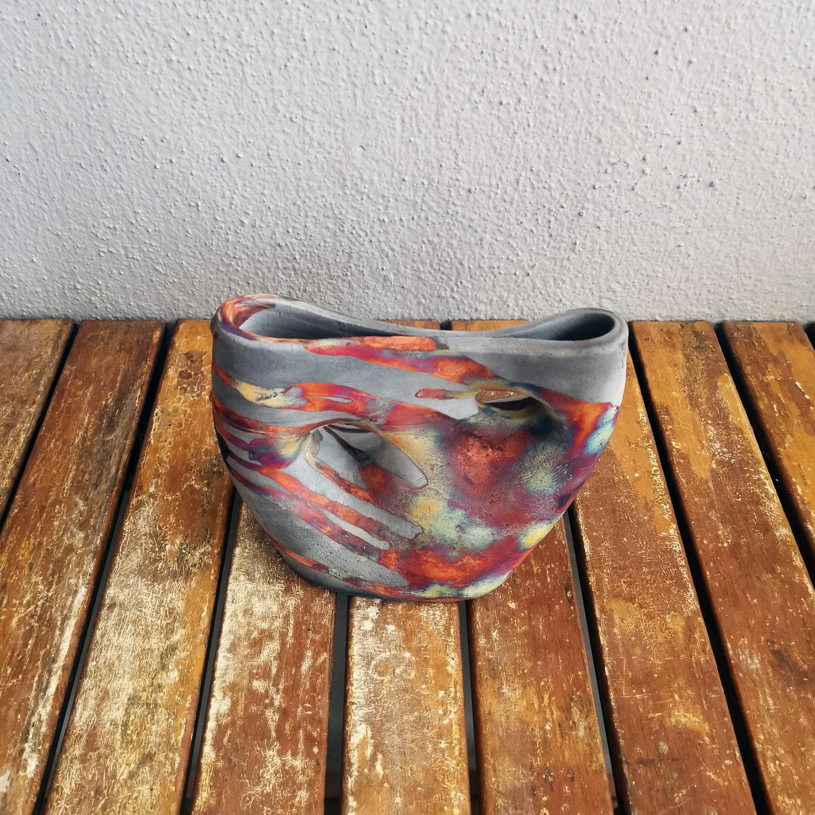 Modern Umi Raku Pottery Vase - Carbon Copper - Handmade Ceramic Home Decor For Sale