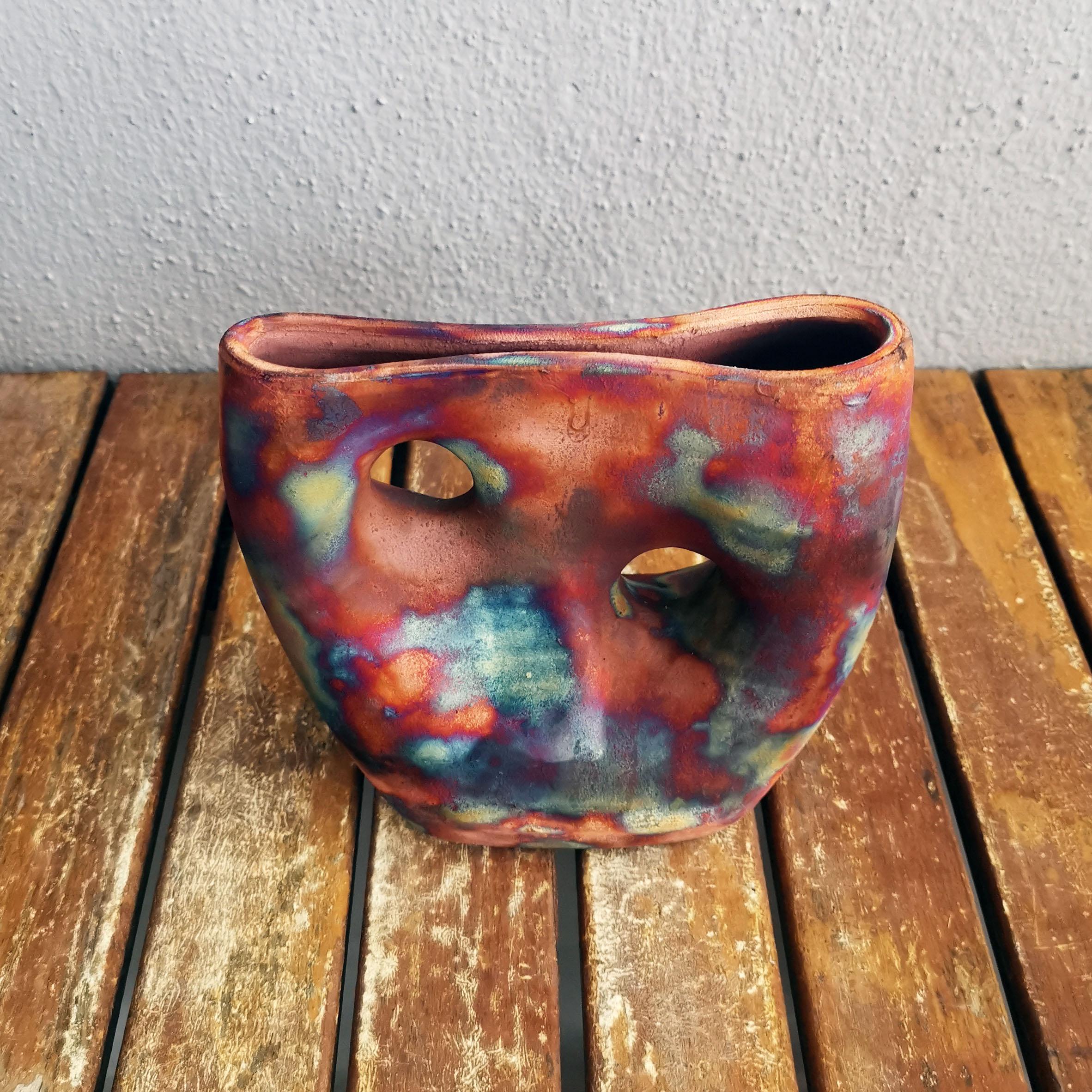 Modern Umi Raku Pottery Vase, Full Copper Matte, Handmade Ceramic Home Decor For Sale