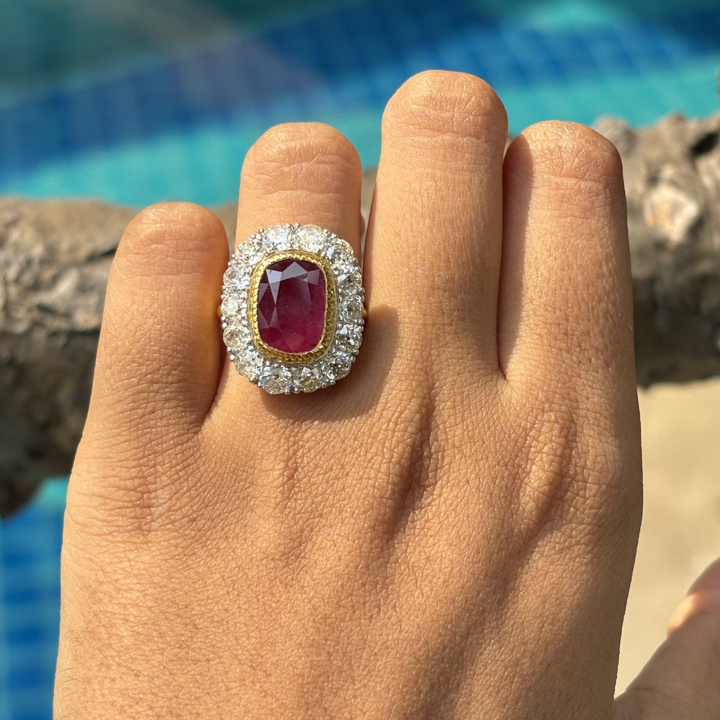 Women's or Men's Un-Heated Art Deco 4.35 Carat Ruby Ring with Authentic Old Cut Diamonds 18k Gold For Sale