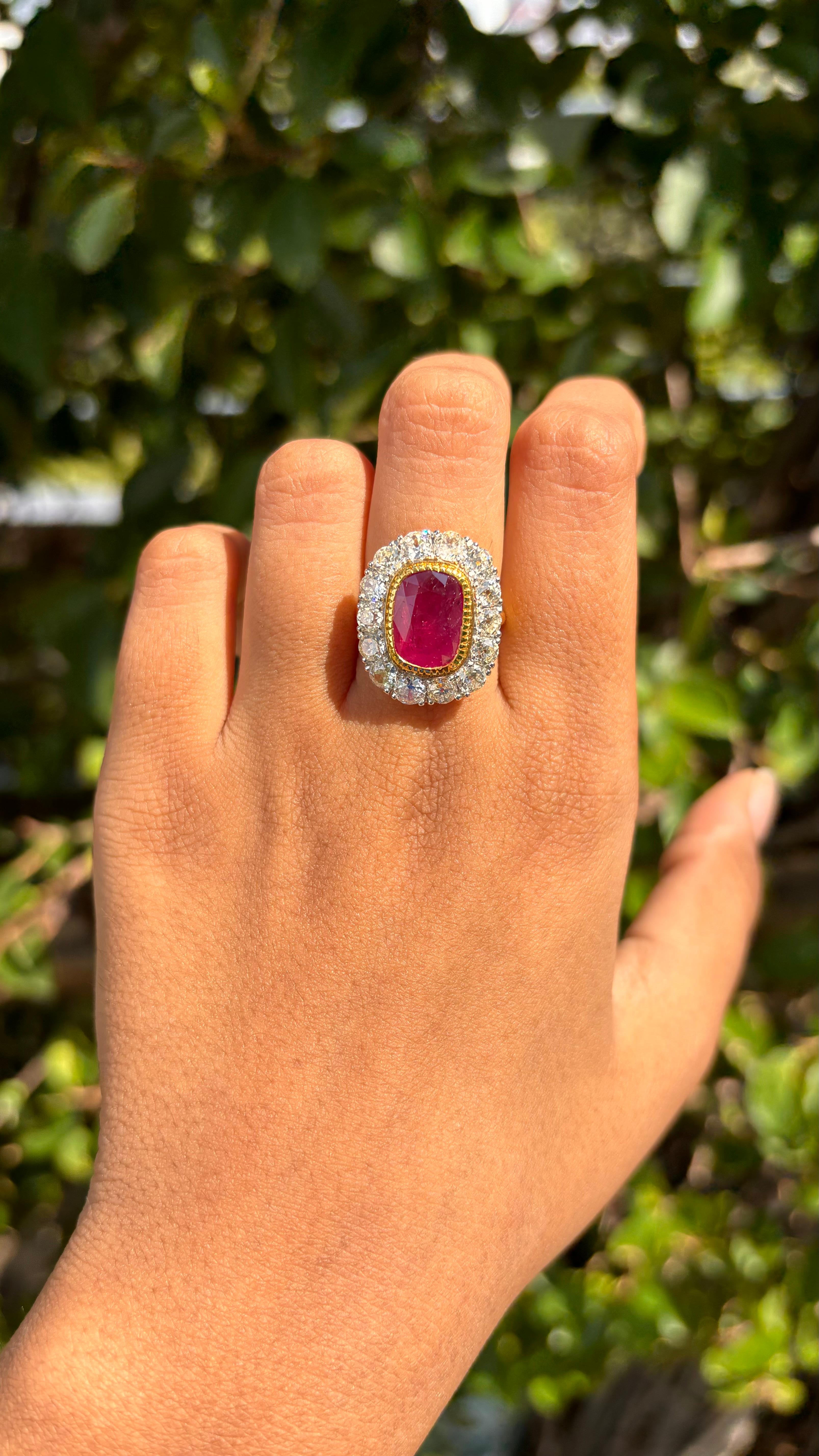Cushion Cut Un-Heated Art Deco 4.35 Carat Ruby Ring with Authentic Old Cut Diamonds 18k Gold For Sale