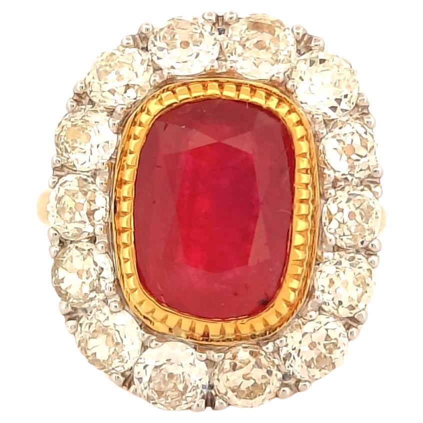 Unbehandelter Art-Déco-Ring mit 4,35 Karat Rubin im Altschliff und authentischen Diamanten aus 18 Karat Gold im Angebot