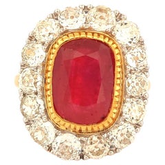 Bague Art déco non chauffée en or 18 carats avec rubis de 4,35 carats et diamants de taille ancienne authentiques