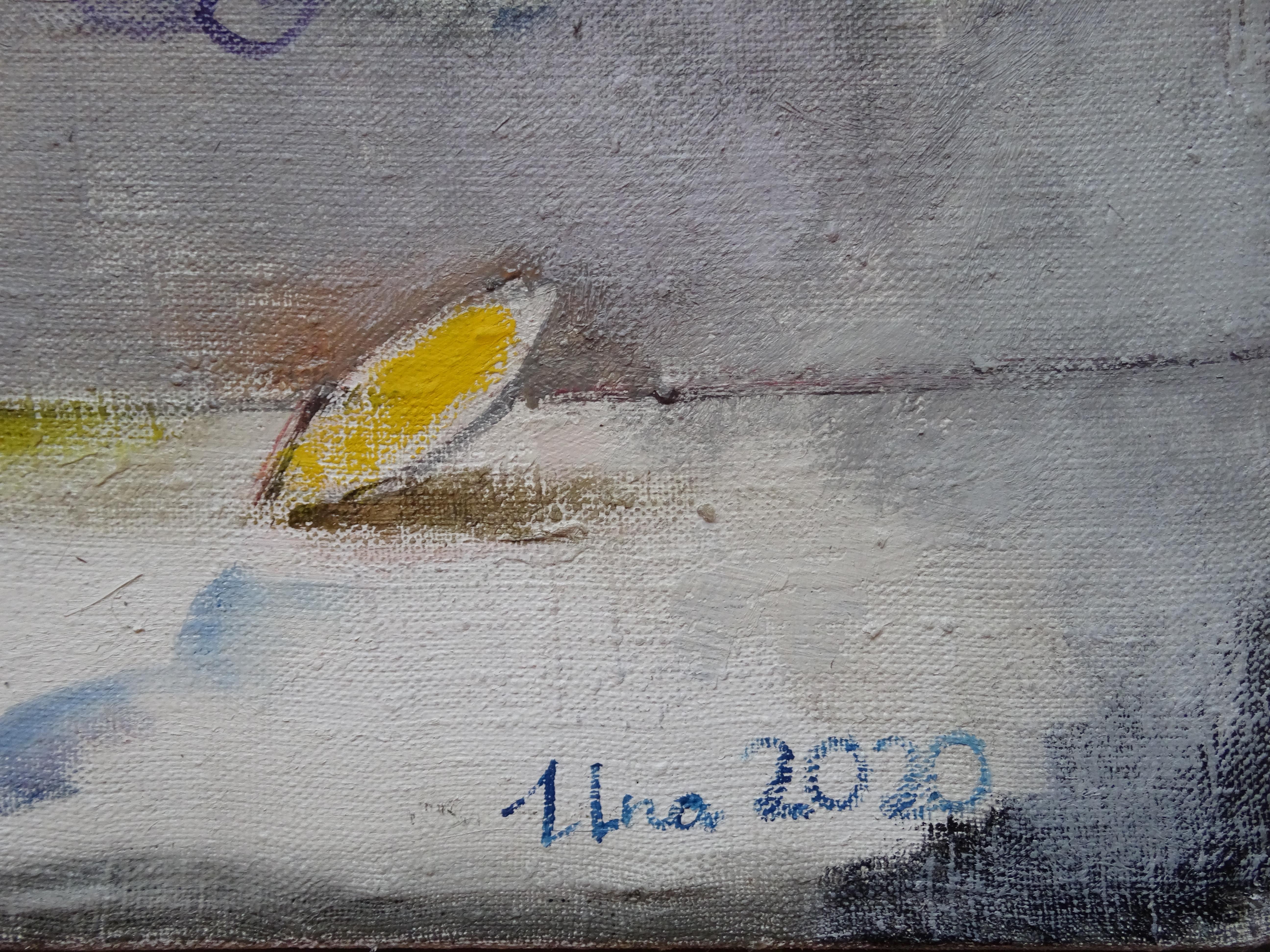 Stillleben mit Blumen und Apfel. 2020. Öl auf Leinwand, 61x73 cm, Öl – Painting von Una Lekuze