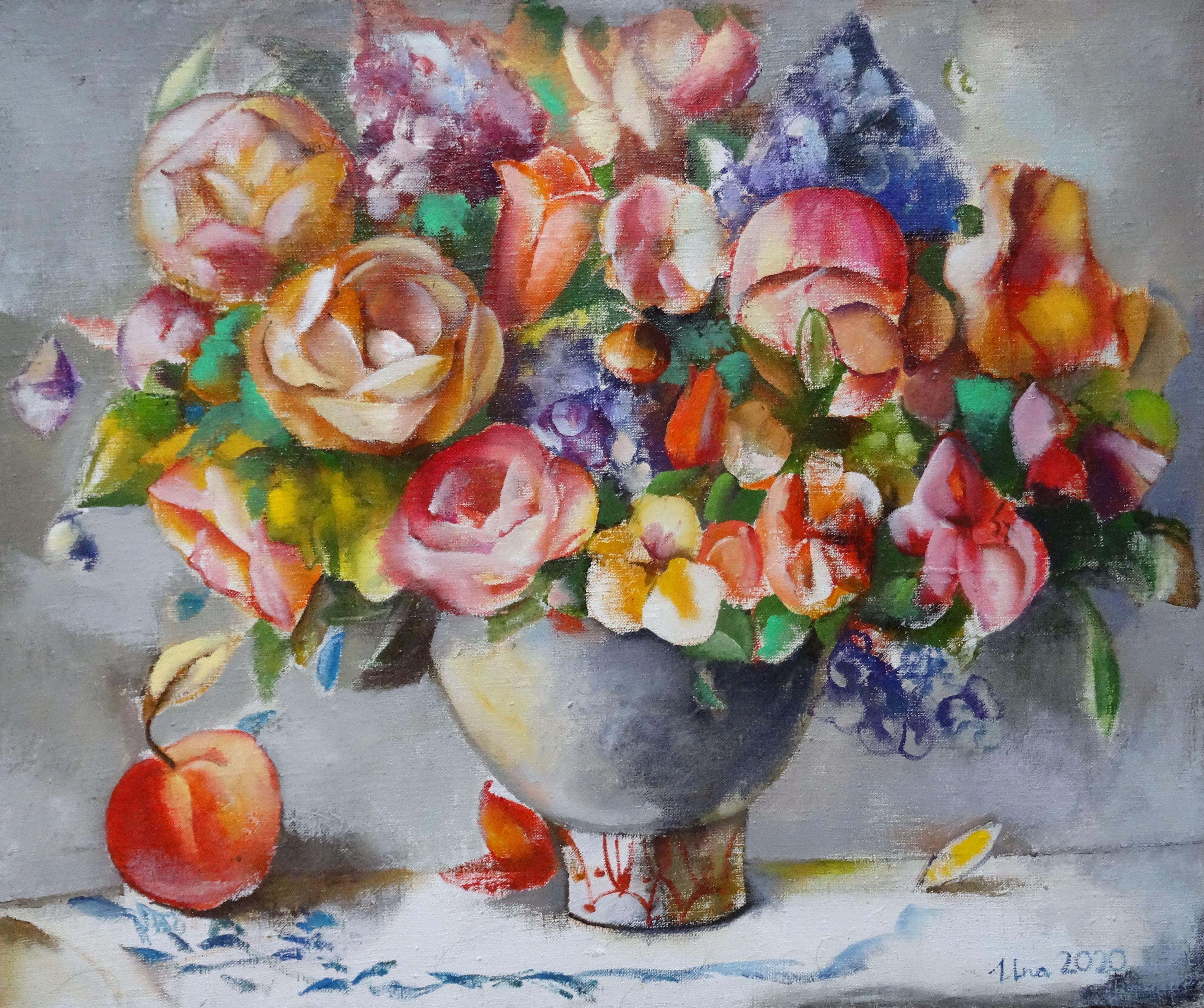 Una Lekuze Still-Life Painting - Still life with flowers and apple. 2020. Oil on canvas, 61x73 cm