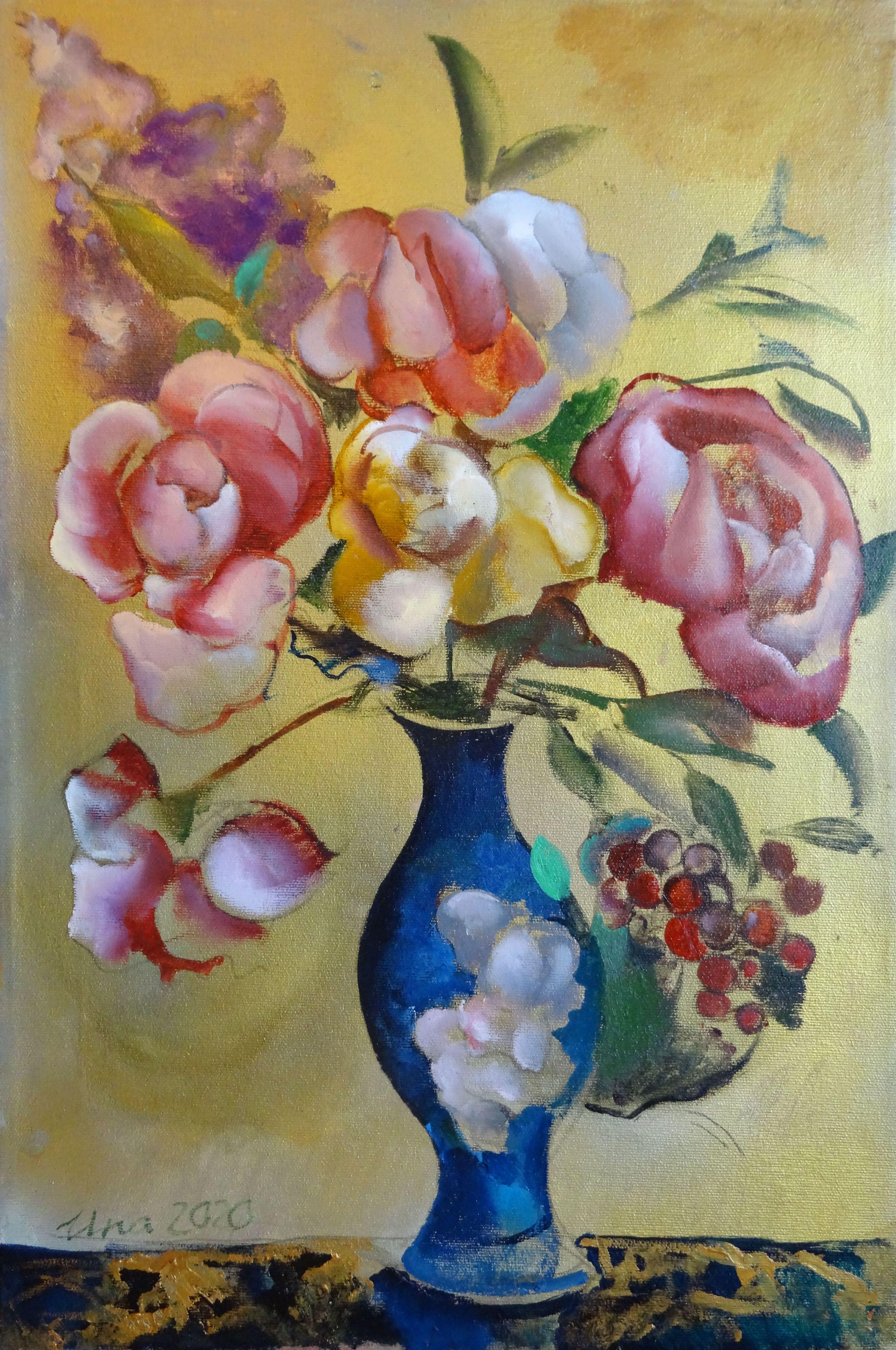 Still life with Chinese vase. 2020. Oil on canvas, 60x40 cm - Painting by Una Lekuze