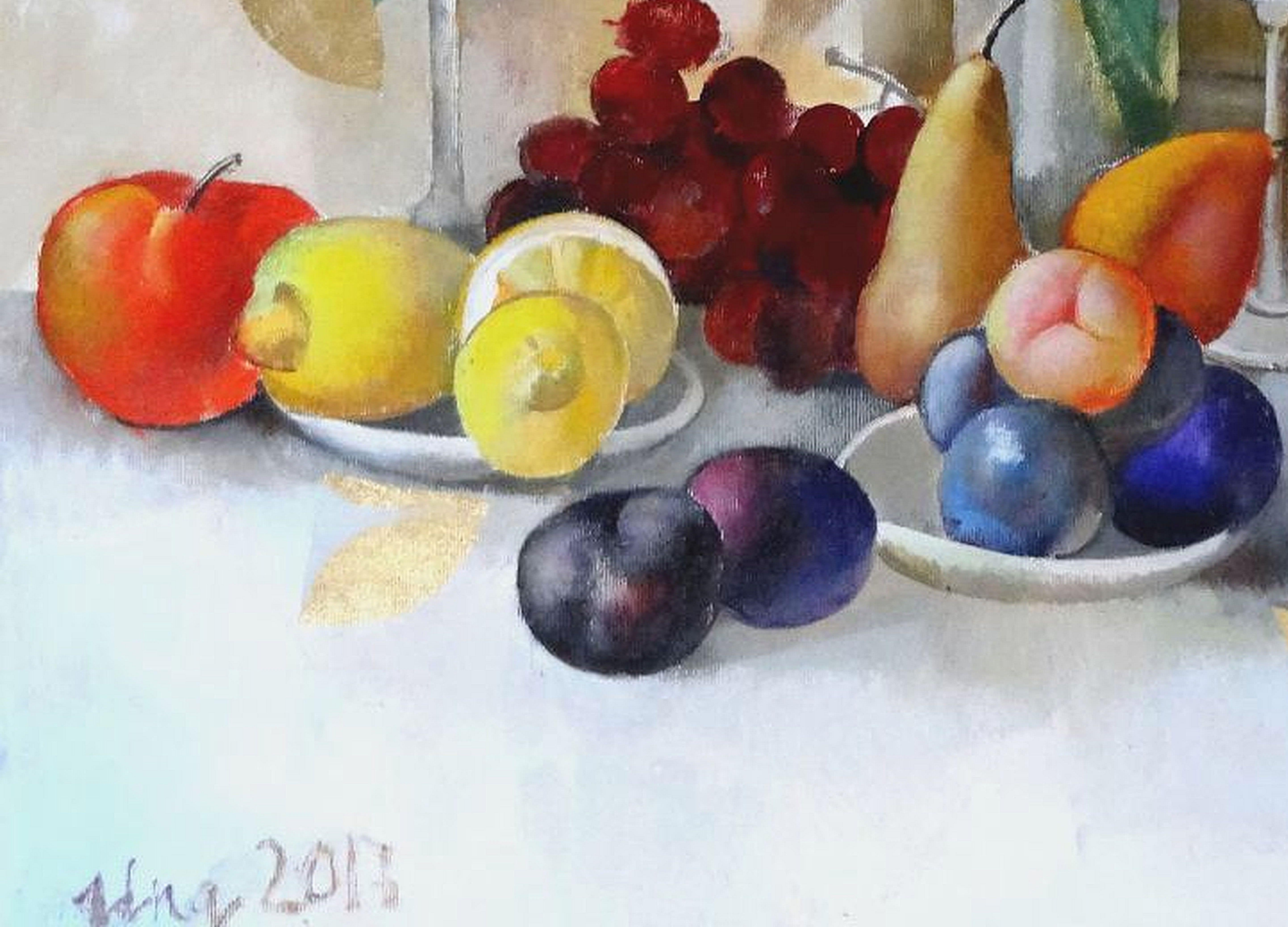 Das Leben mit Früchten. 2019. Ölgemälde auf Leinwand, 74x81 cm – Painting von Una Lekuze