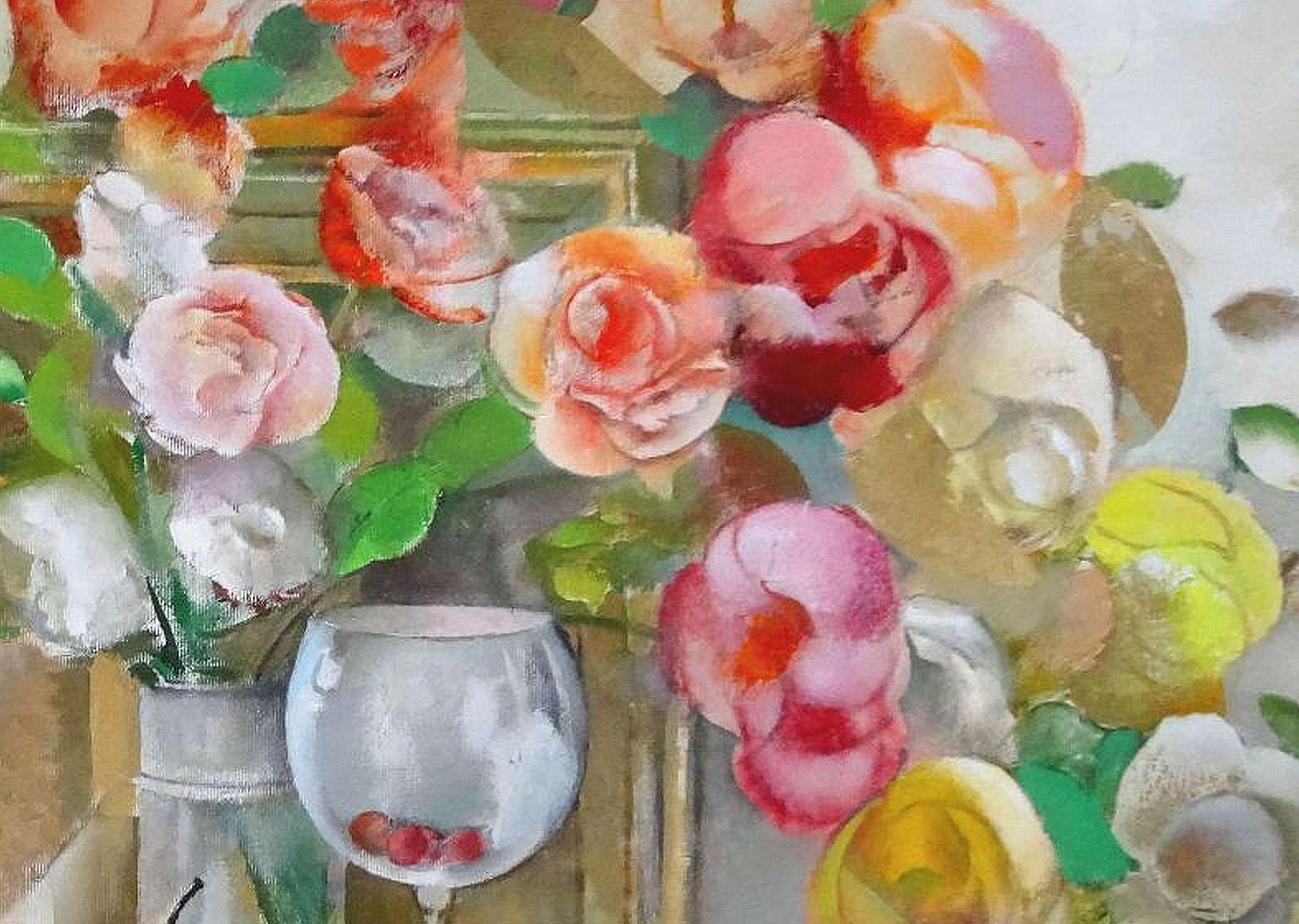 Das Leben mit Früchten. 2019. Ölgemälde auf Leinwand, 74x81 cm (Grau), Still-Life Painting, von Una Lekuze