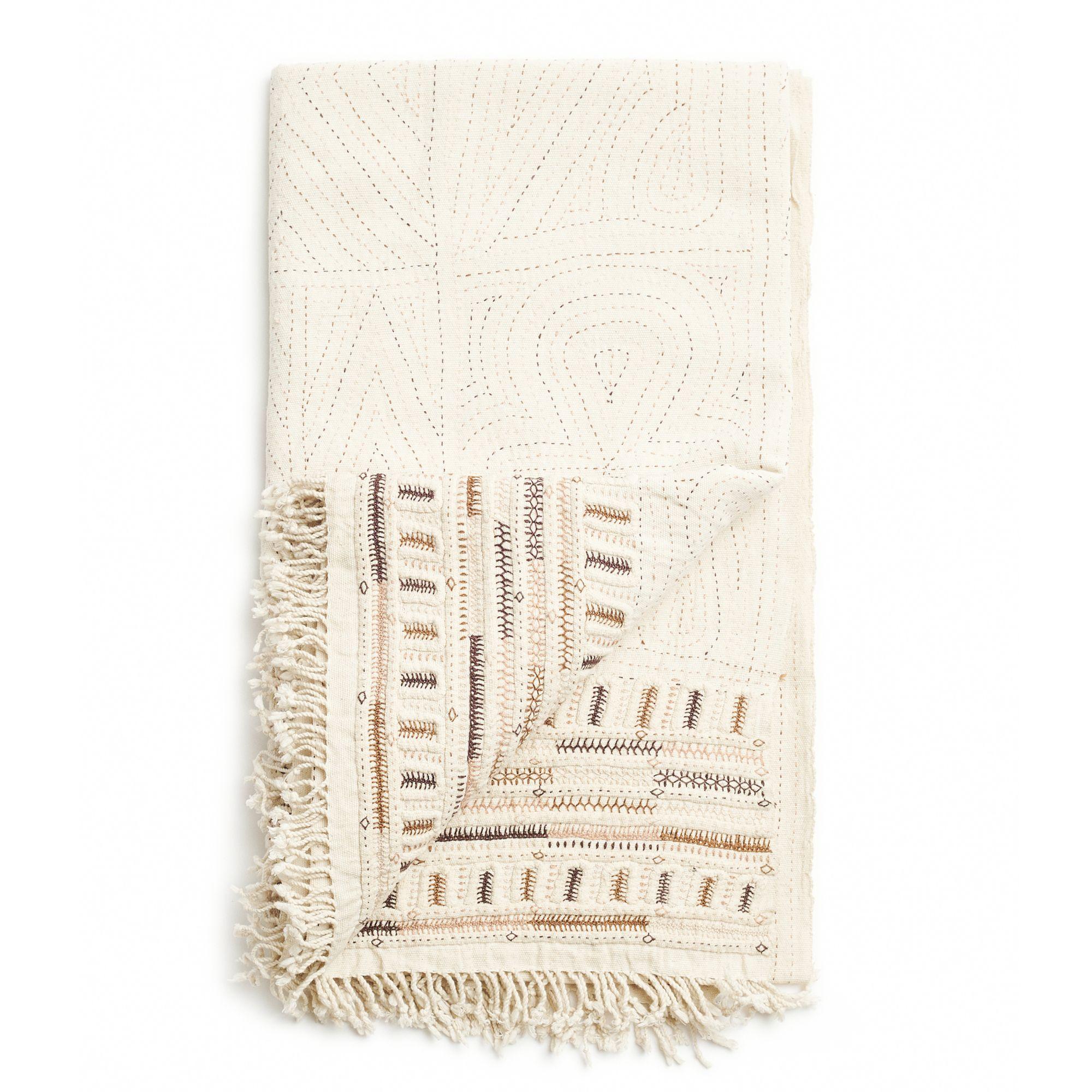 Organic Modern Unah Earthy Throw , Minimally Hand Embroidered in Intricate Patterns by Artisans For Sale
