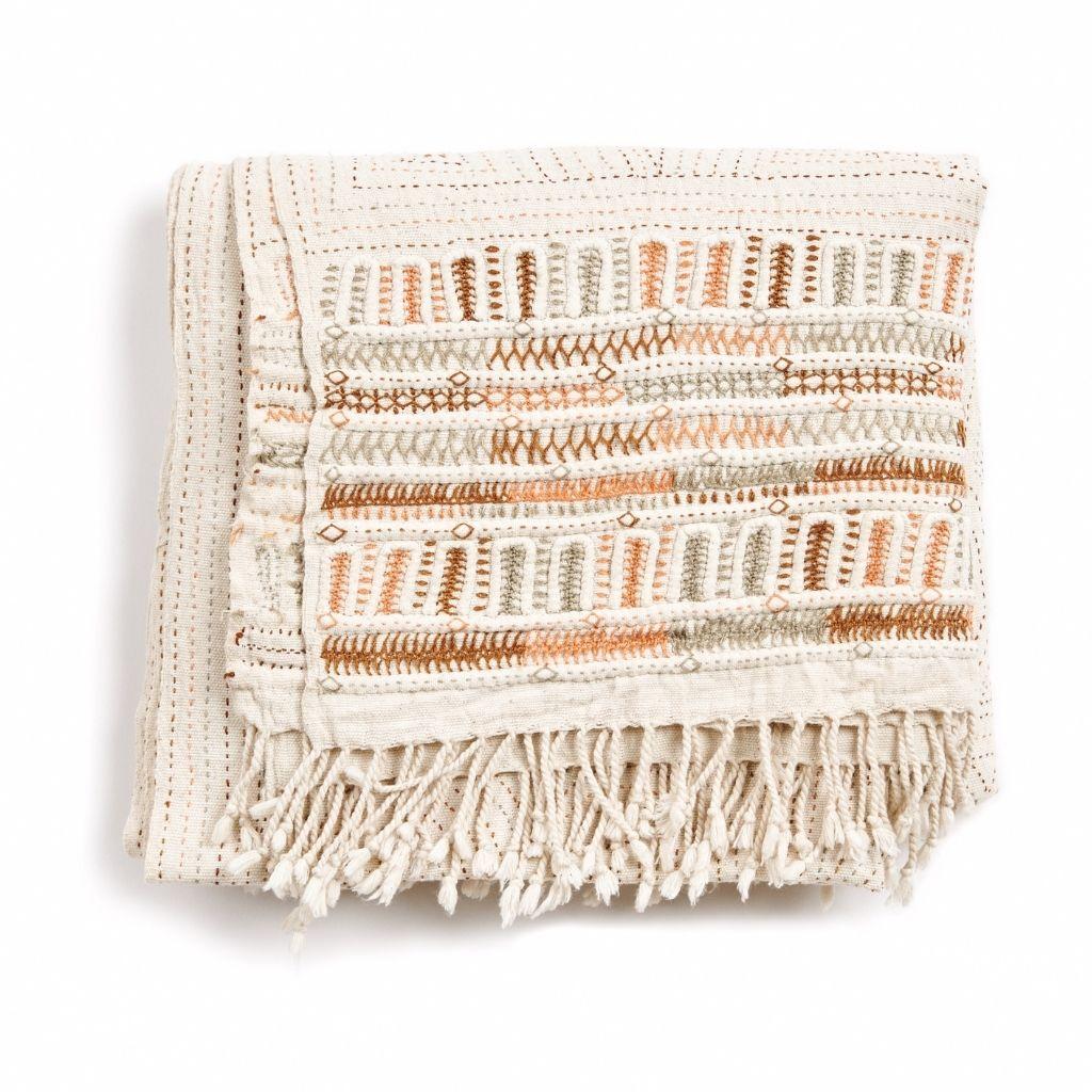 Bohemian Unah Brown Throw , Minimally Hand Embroidered in Intricate Patterns by Artisans For Sale