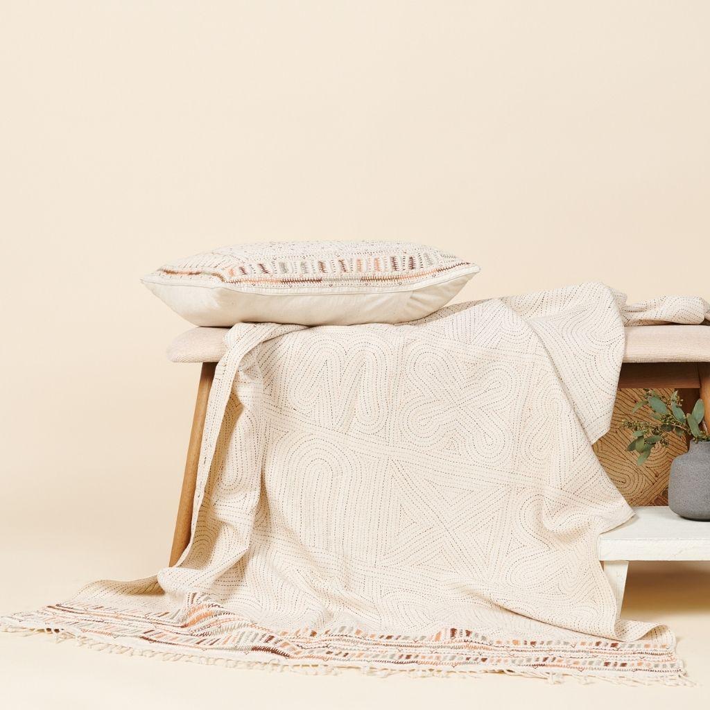 Contemporary Unah Brown Throw , Minimally Hand Embroidered in Intricate Patterns by Artisans For Sale