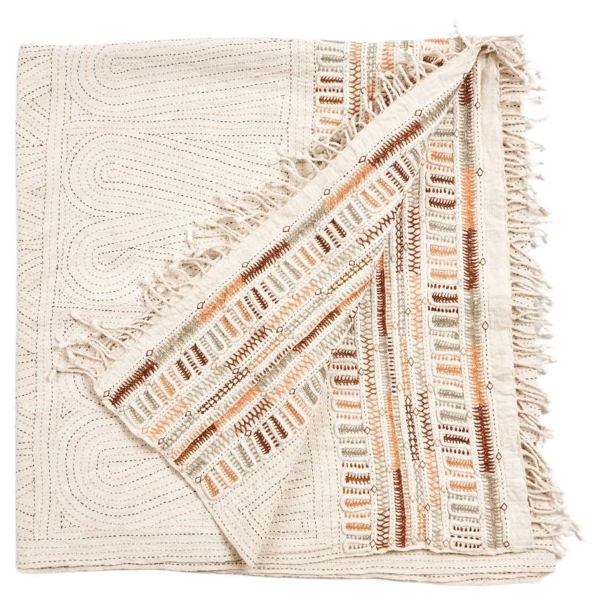 Unah Brown Throw , Minimally Hand Embroidered in Intricate Patterns by Artisans For Sale